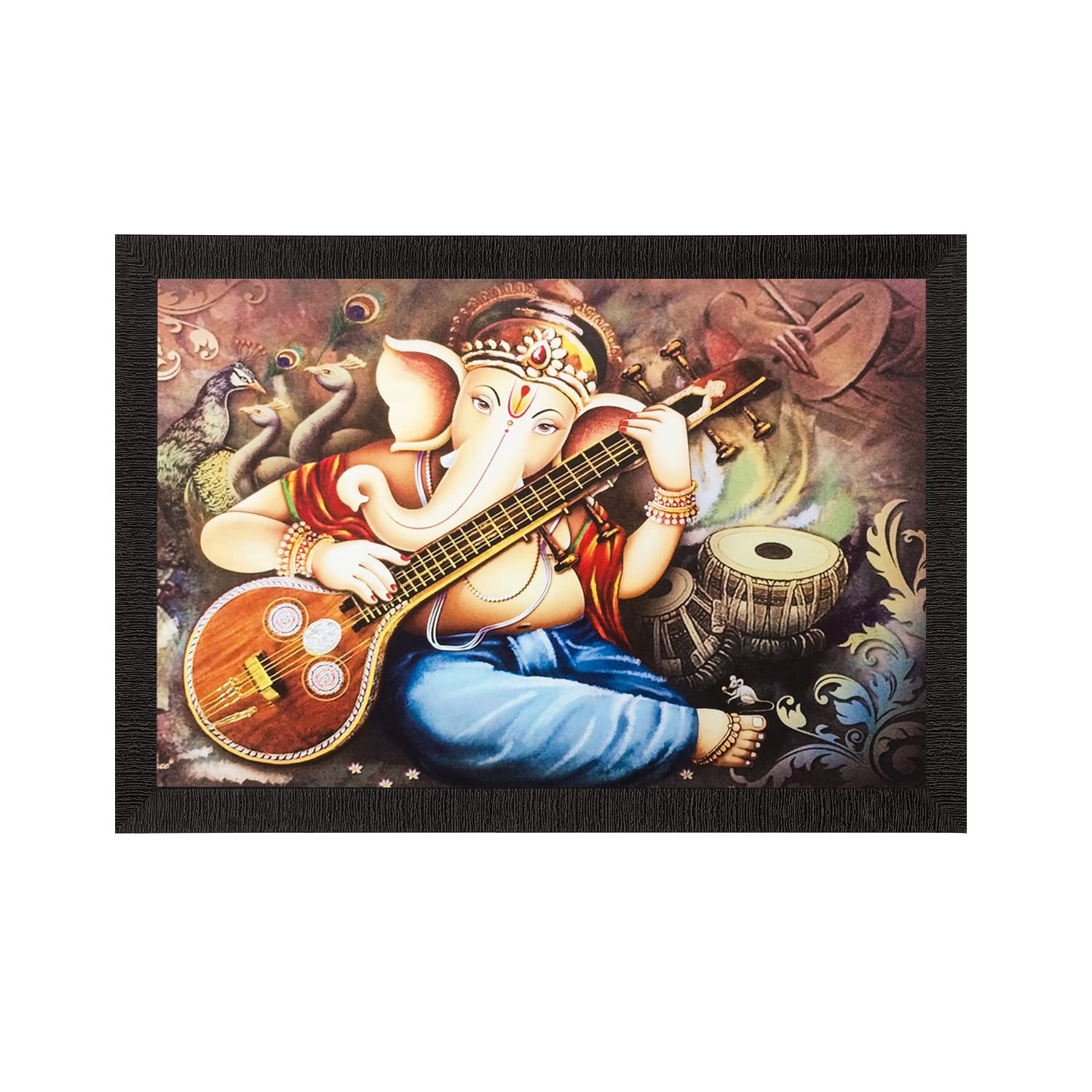 Ecraftindia Lord Ganesha Playing Musical Instrument Matt Textured Uv Art Painting (Synthetic Wood, 51 Cm X 36 Cm)