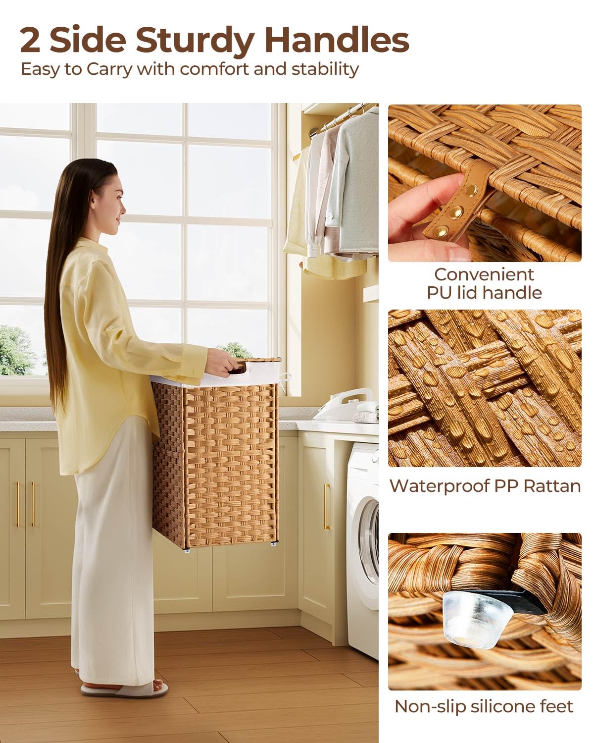 GREENSTELL Laundry Hamper with lid  No Install Needed  110L Wicker Laundry Baskets Foldable 2 Removable Liner Bags  2 Section Clothes Hamper Handwoven Rattan Laundry Basket with Handles  Natural