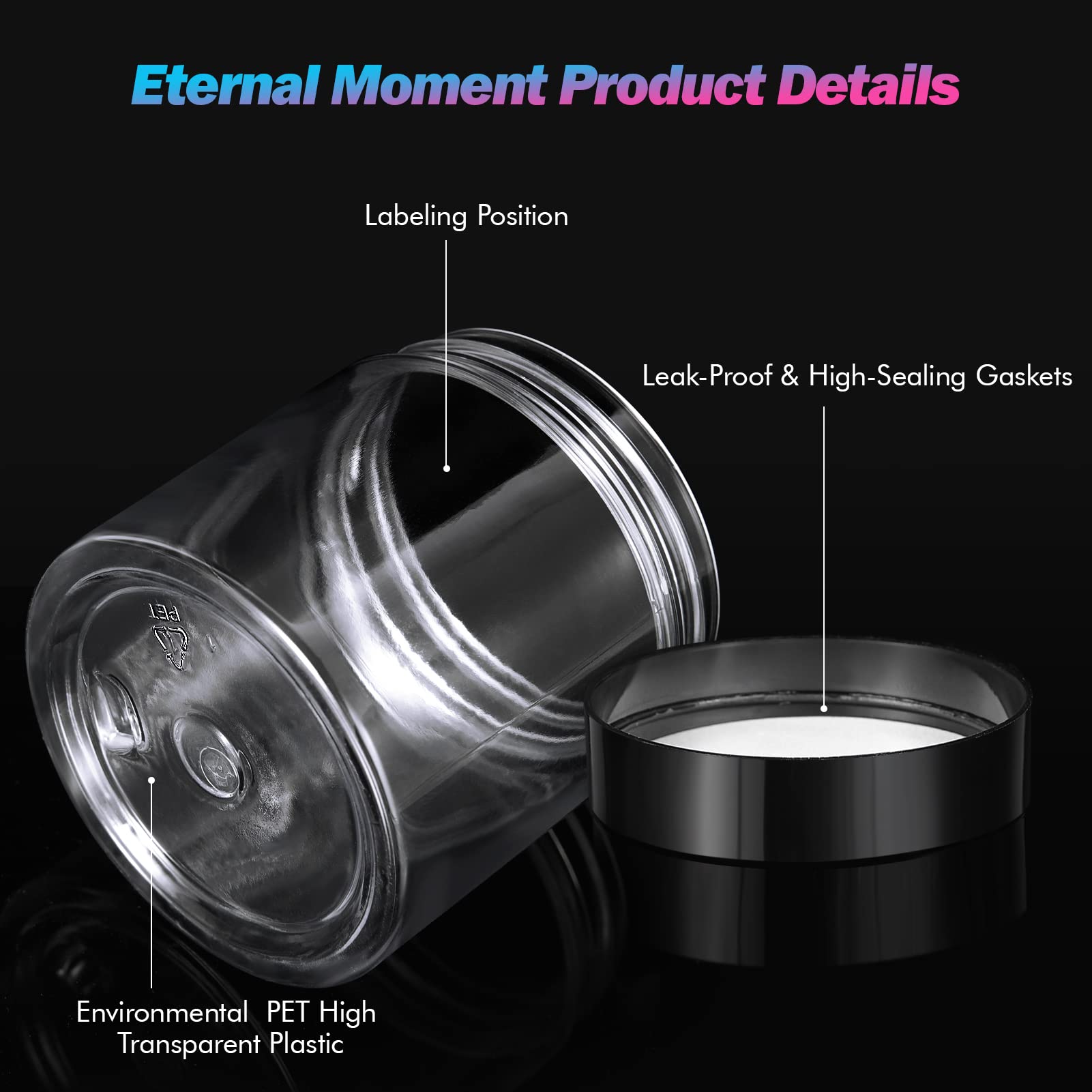 50 Pack 4 Oz Plastic Jars Round Clear Cosmetic Container With Black Lids, Eternal Moment Slime Jars For Lotion, Cream, Ointments
