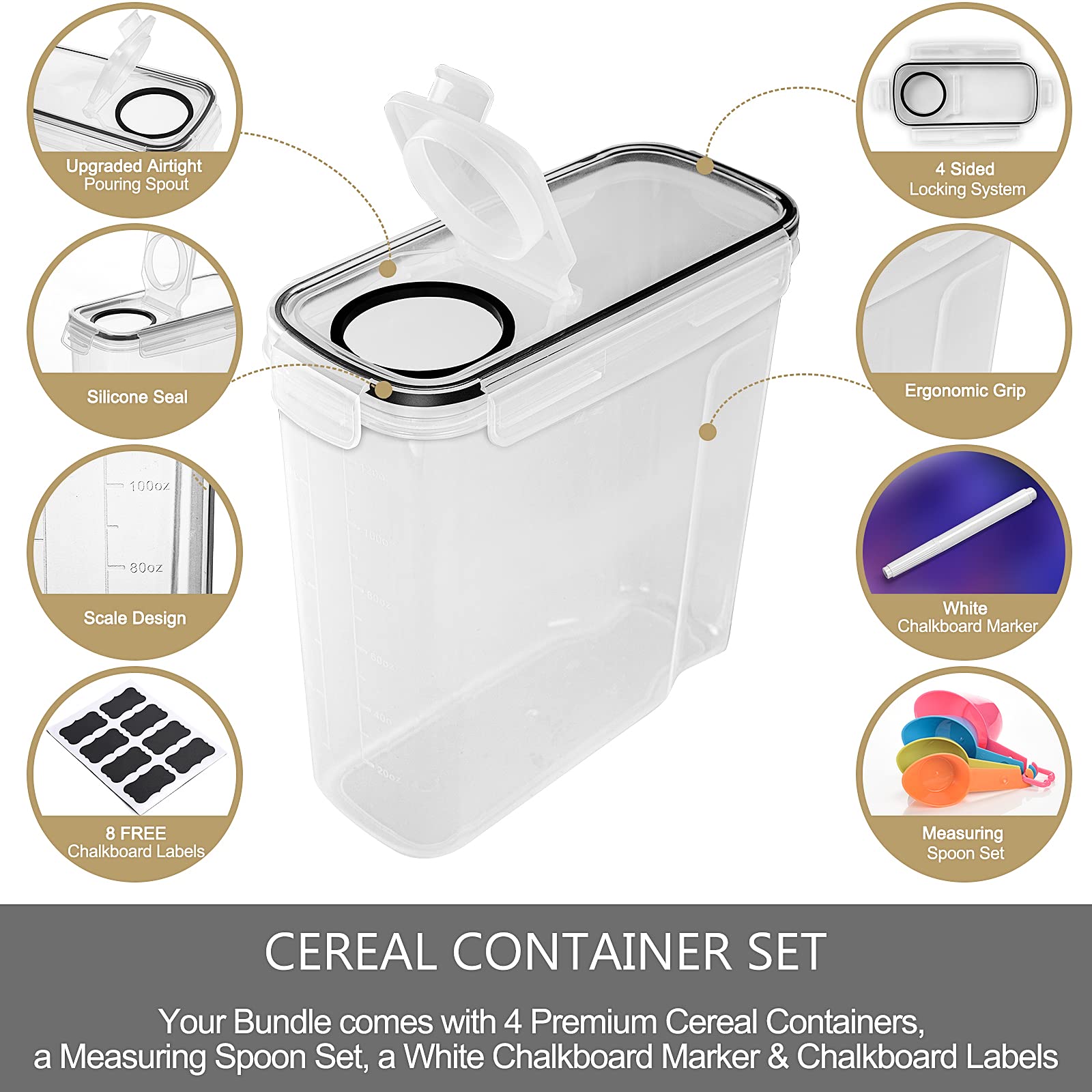 Tiawudi 4 Pk Cereal Containers Storage Set 135.2Oz/4L Each, Airtight Food Storage Containers, Large Cereal Dispenser, Kitchen Pa