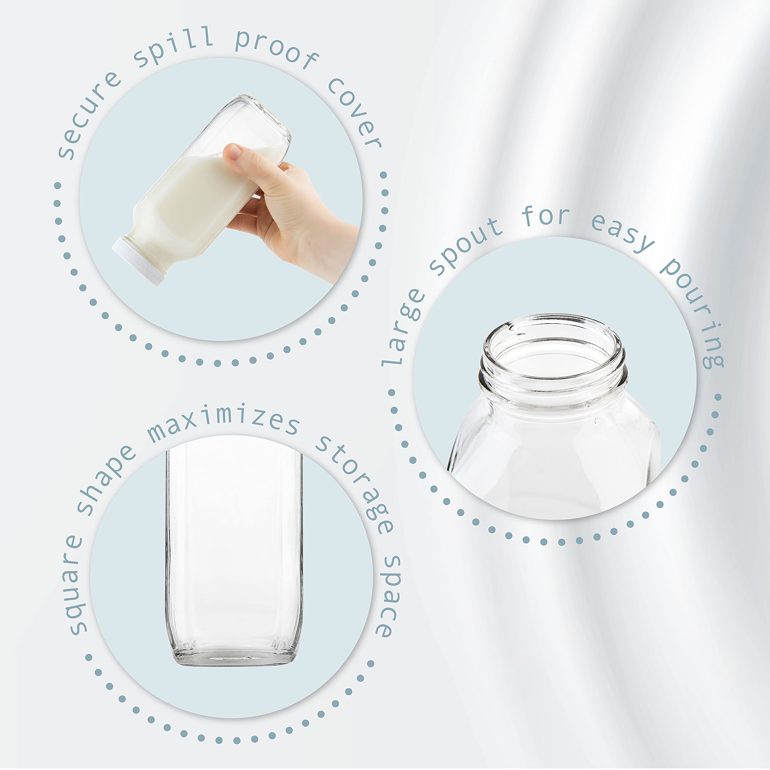 Kitchentoolz 16Oz Square Glass Milk Bottle With Plastic Airtight Lids - Vintage Reusable Dairy Drinking Jars Containers For Milk