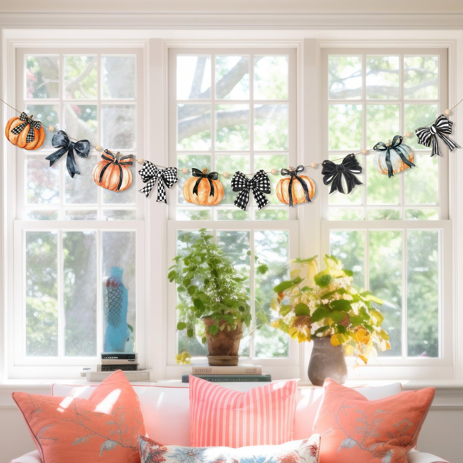 Cinnvoice 8.2 ft Fall Decoration for Home Plaid Wooden Pumpkin Garland Halloween Black Bow Pumpkin Banner Rustic Farmhouse Wood
