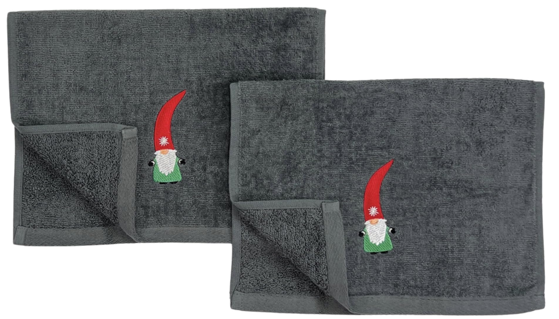Christmas Guest Hand Towels: Grey Plush Terry Cotton Embroidered Spritly Gnome