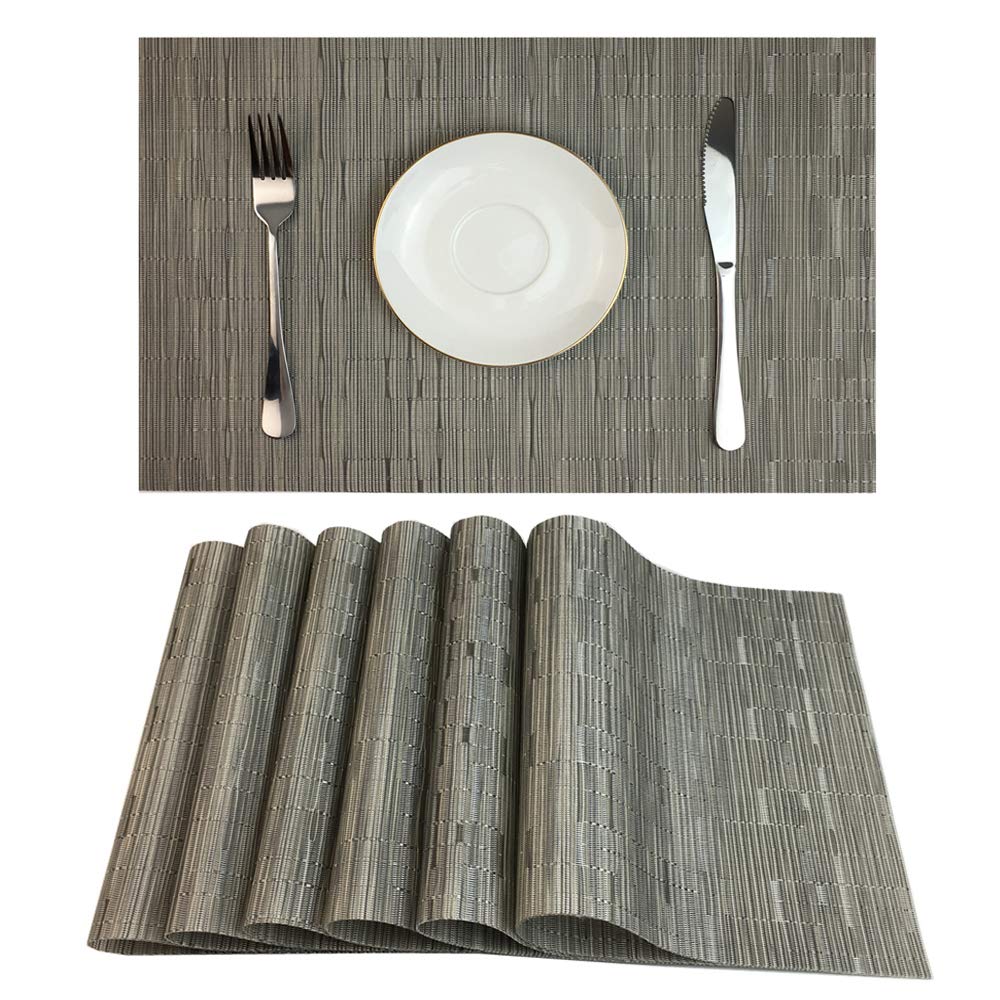 Red-A Placemats Set Of 6 For Dining Table Heat-Resistant Washable Place Mats Woven Vinyl Kitchen Table Mats Easy To Clean,Silver