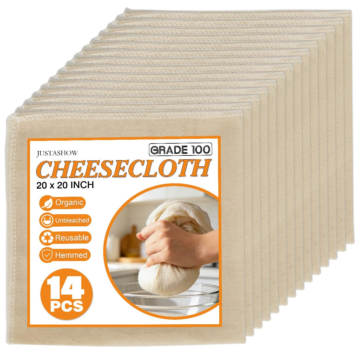 14 Pack Cheese Cloths, 20x20 Inch Cheesecloth Hemmed Edge Unbleached Fine Fabric, Reusable Grade 100 Cotton Muslin Cloth for Tur