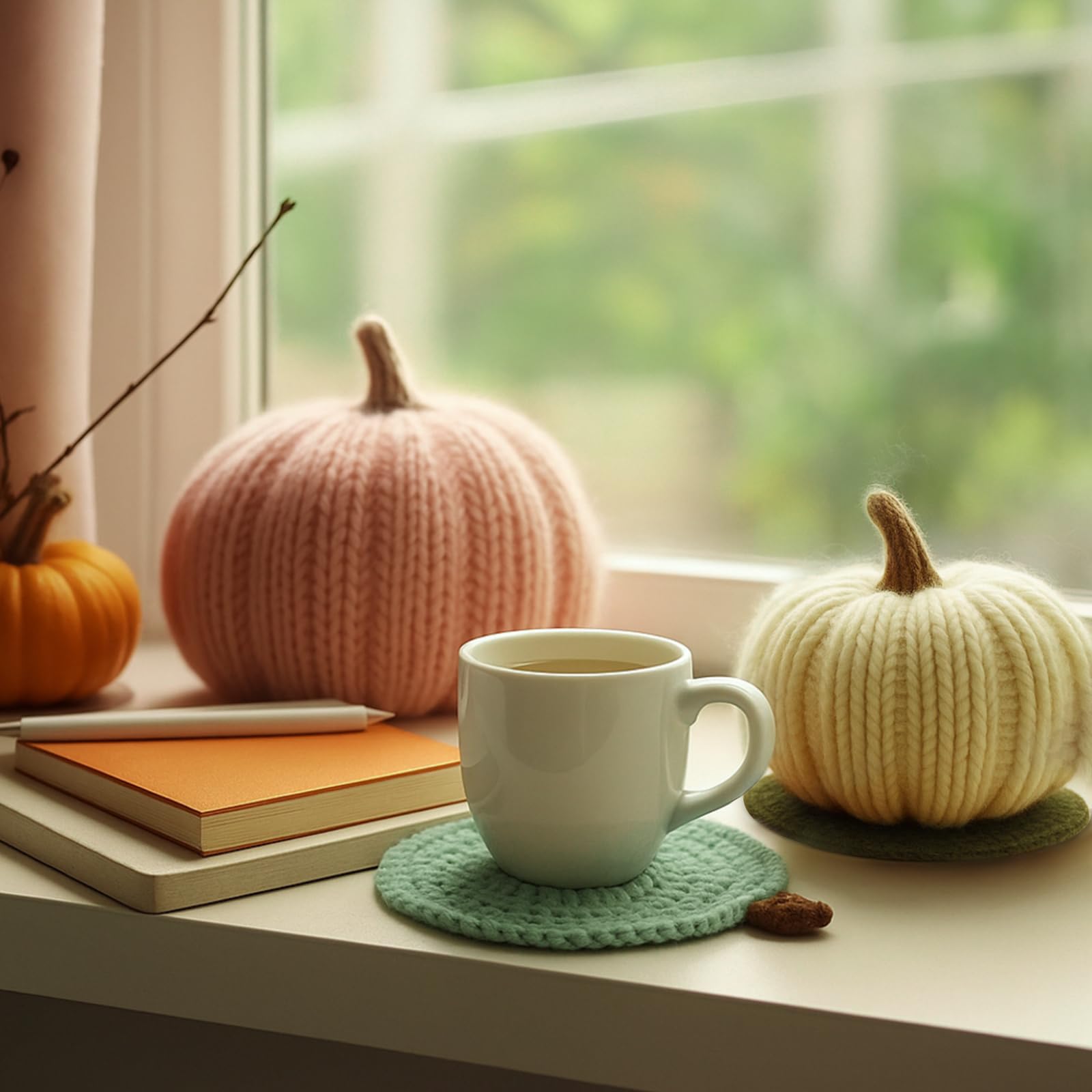 Hushee 4 Pcs Fall Crochet Coasters Thanksgiving Pumpkin Coaster 4.72 Handmade Woven Pumpkin Drink Cup Pad Mats for Autumn Harves