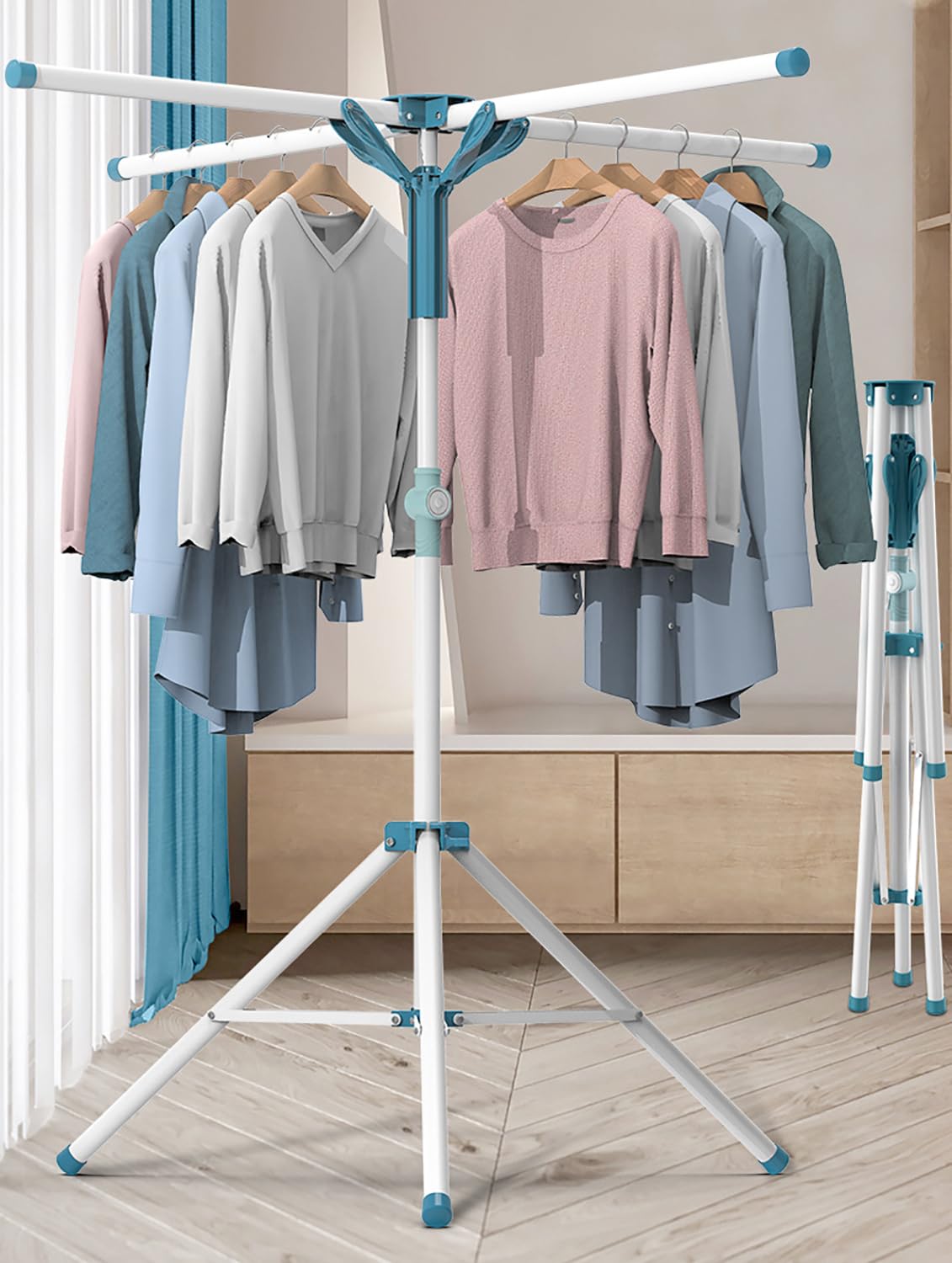 AUGMIRR Clothes Drying Racks  Height-Adjustable 52 Inches Updated Version Stainless Steel for Indoor Outdoor Length Adjustable Saves Space with 20 Windproof Hooks (Tripod Rack  52 '')