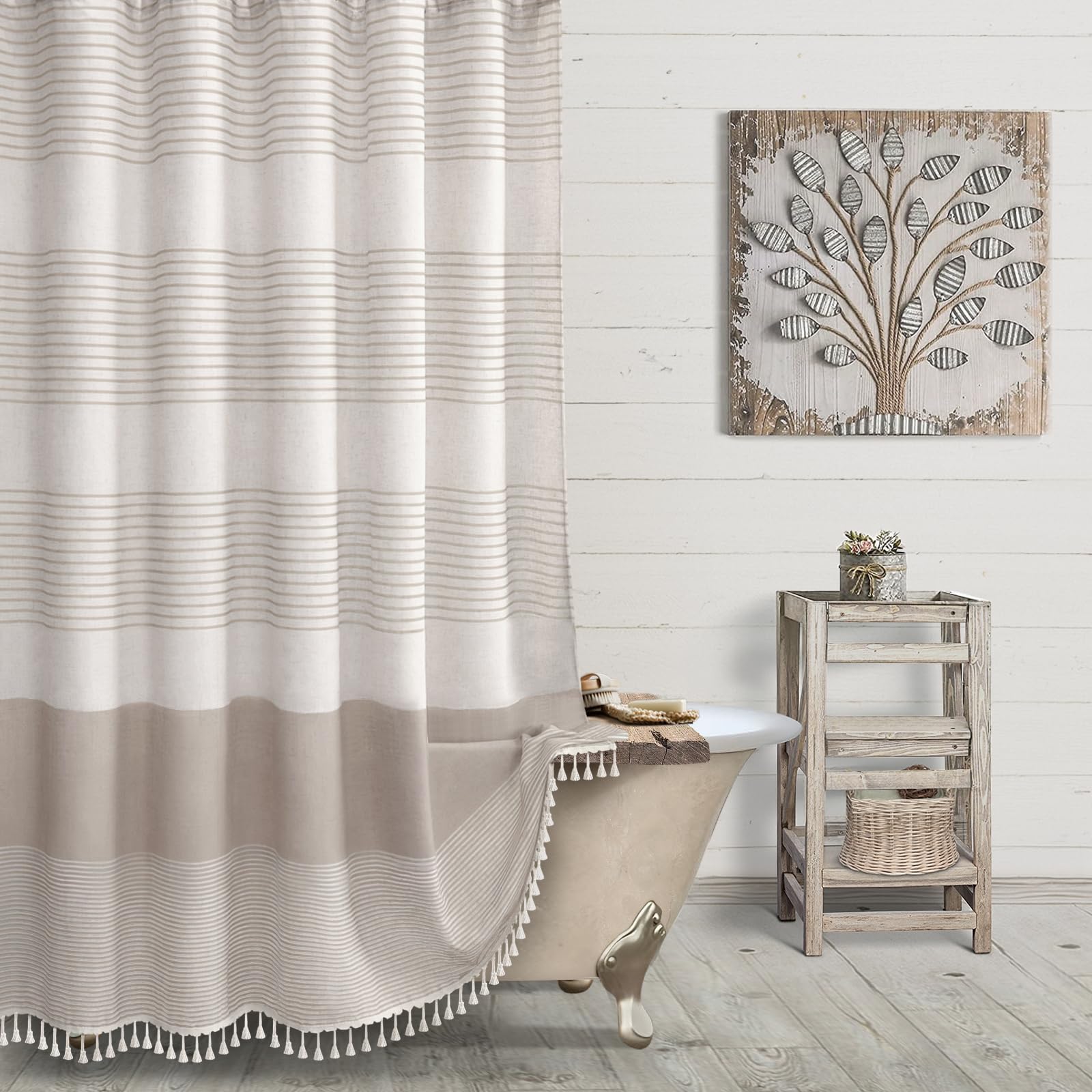 Nddycu Farmhouse Shower Curtain Taupe Linen Natural Shower Curtains For Bathroom With Striped Tassel 72 X 72