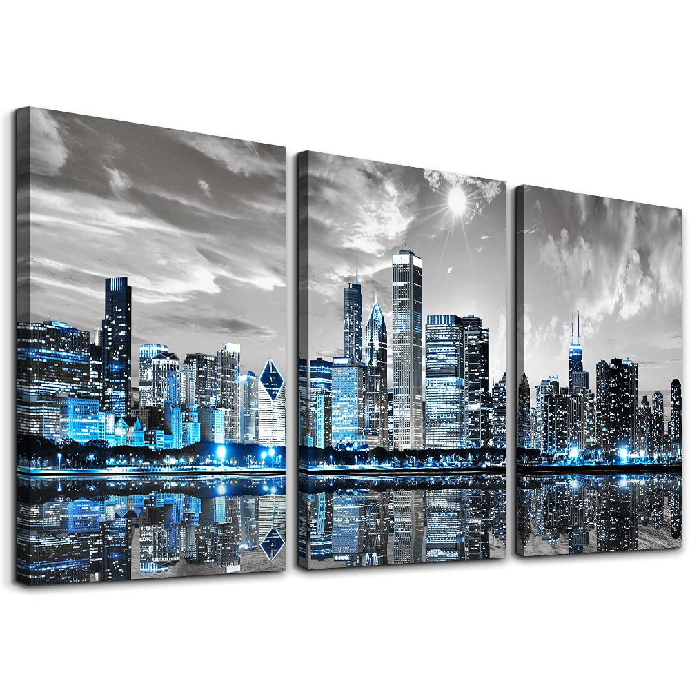 Serimino Wall Decor Living Room Modern City Chicago Skyline Pictures Canvas Wall Art For Bedroom Poster For Office Farmhouse 3 P