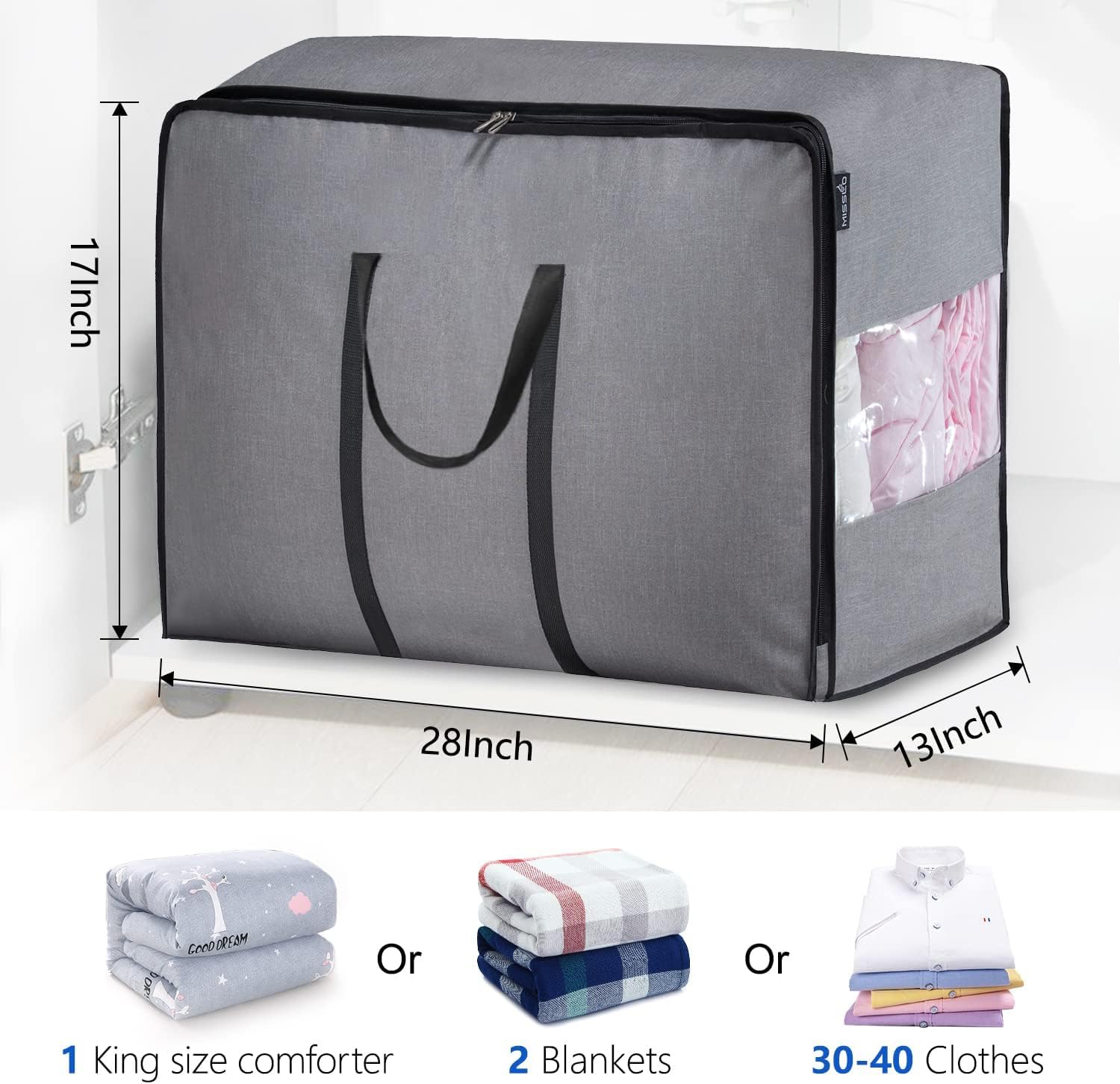MISSLO Thick Over Size Storage Bag, Folding Organizer Bag, Under Bed Storage, College Carrying Bag for Bedding Comforters, Blank