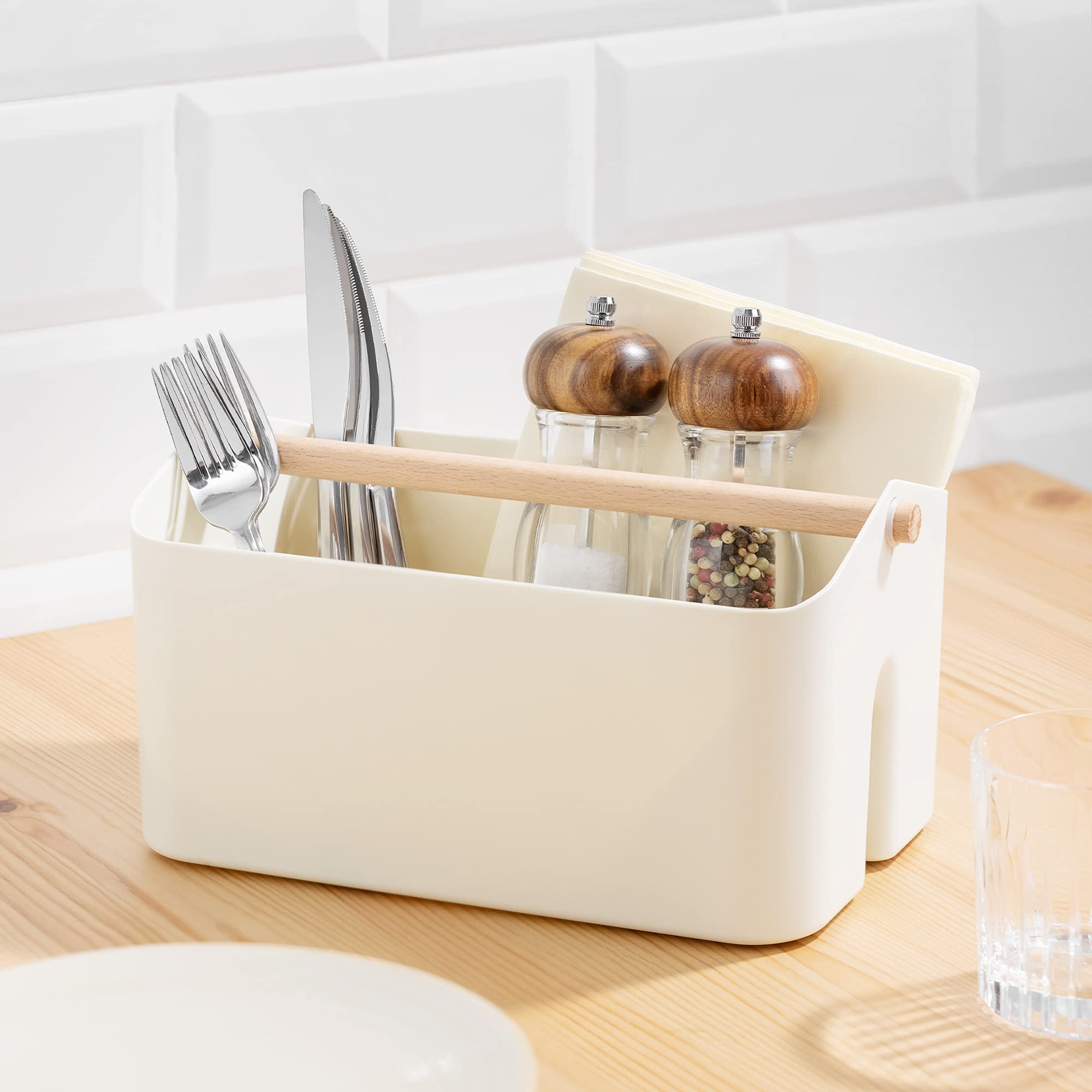 Navaris Organizer Caddy with Wood Handle - Storage Holder with 2 Compartments for Makeup Nursery Desk Bathroom 10.4 '' x 6.5 ''