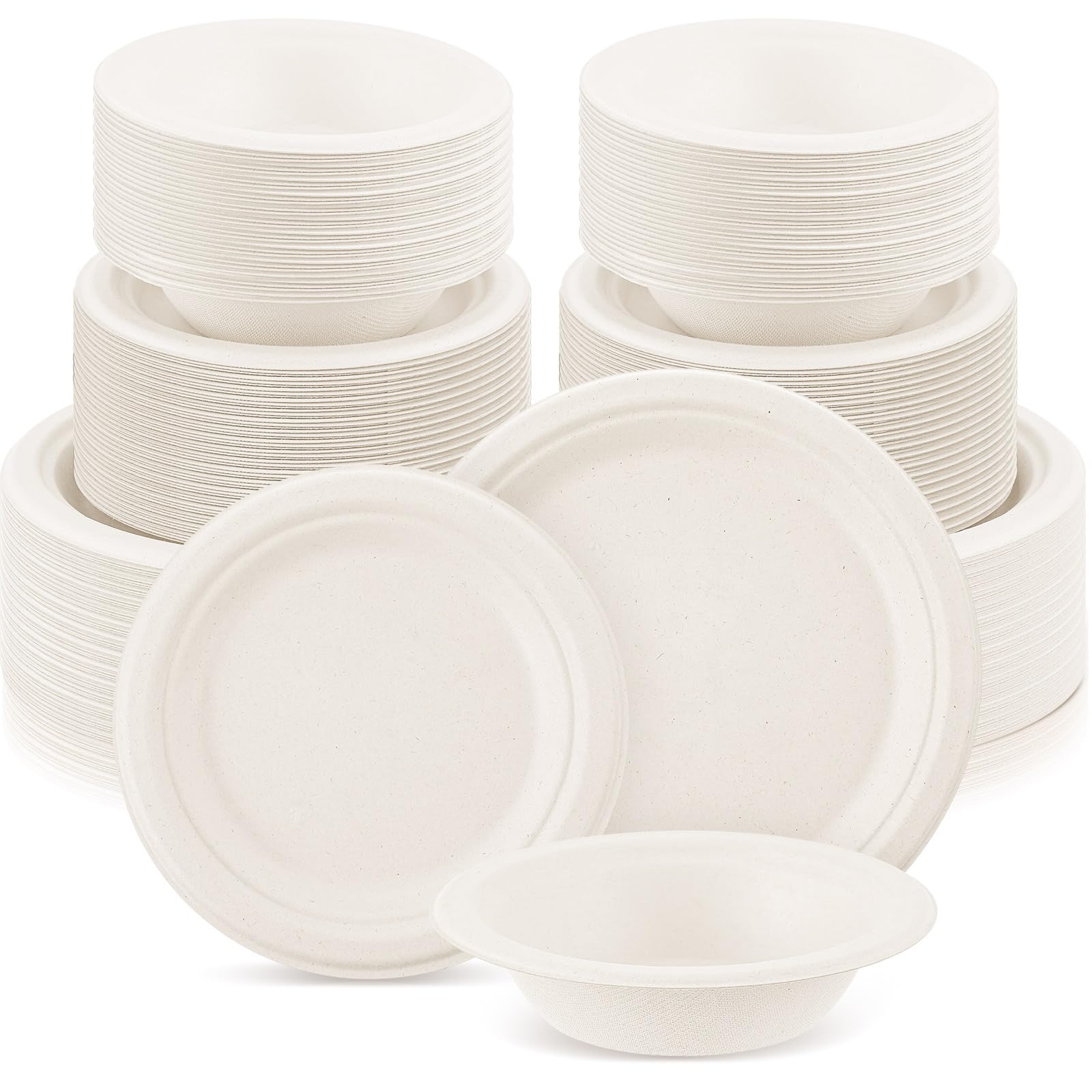 Havawish 300 Pcs White Compostable Paper Plates and Bowls Set 7 Inch 9 Inch Disposable Plate 12oz Biodegradable Bowls for Party 