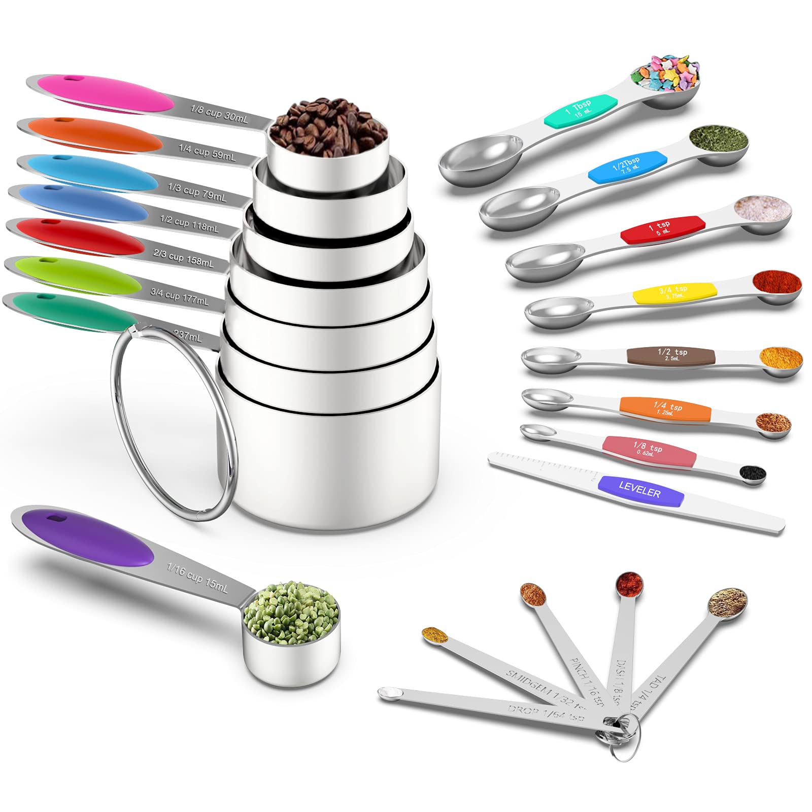 Measuring Cups And Magnetic Measuring Spoons Set, Wildone Stainless Steel 8 Measuring Cups, 7 Double Sided Stackable Magnetic Me