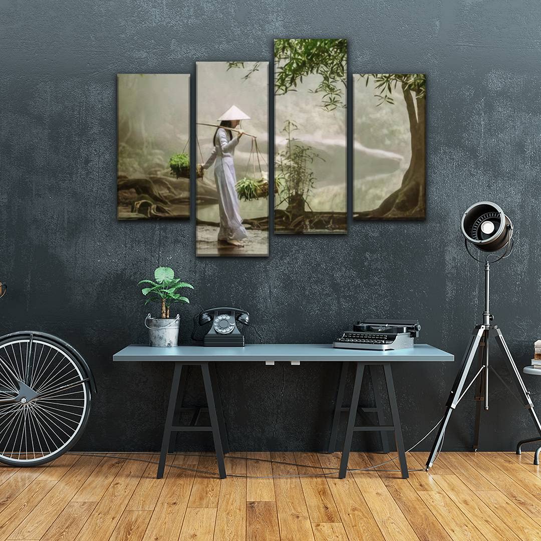 Igoone 4 Panels Canvas Paintings - The Vietnamese Girl In The Traditional Dress Is Carrying A Basket With - Wall Art Modern Post