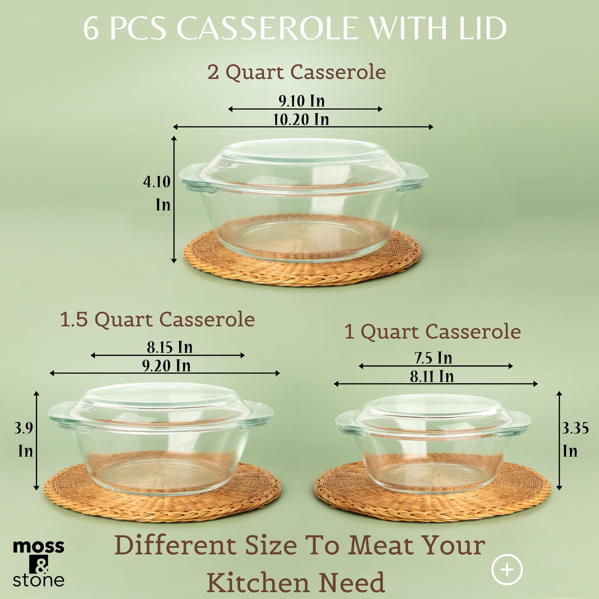 Moss & Stone Basics 6-Piece Clear Glass Casserole Dishes For Oven With Lids, Durable Borosilicate Glass Bakeware Set, Glass Bowl