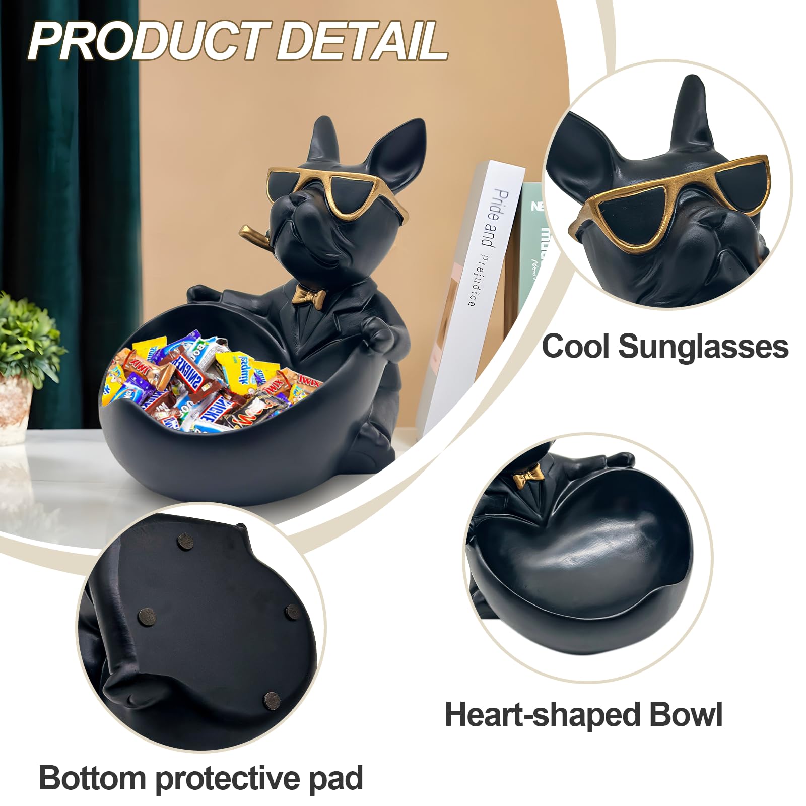 Bulldog Lovers Candy Bowl Decor,Heart-shaped Key Holder Bowl Candy Dish, Bulldog Accessories, Resin Bulldog Statue for Office De