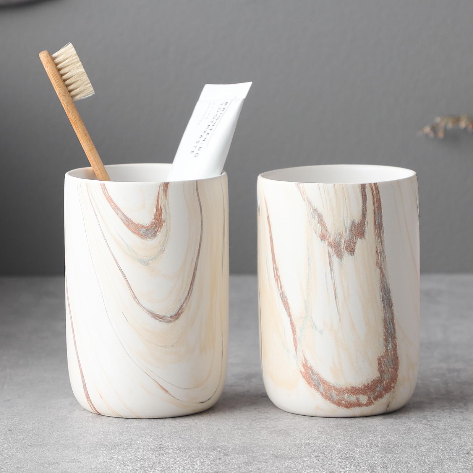 Brown Marble Toothbrush Holders - Ceramic Toothbrush Holders for Bathrooms, Toothbrush Toothpaste Holders, 2 Marble Bathroom Tum