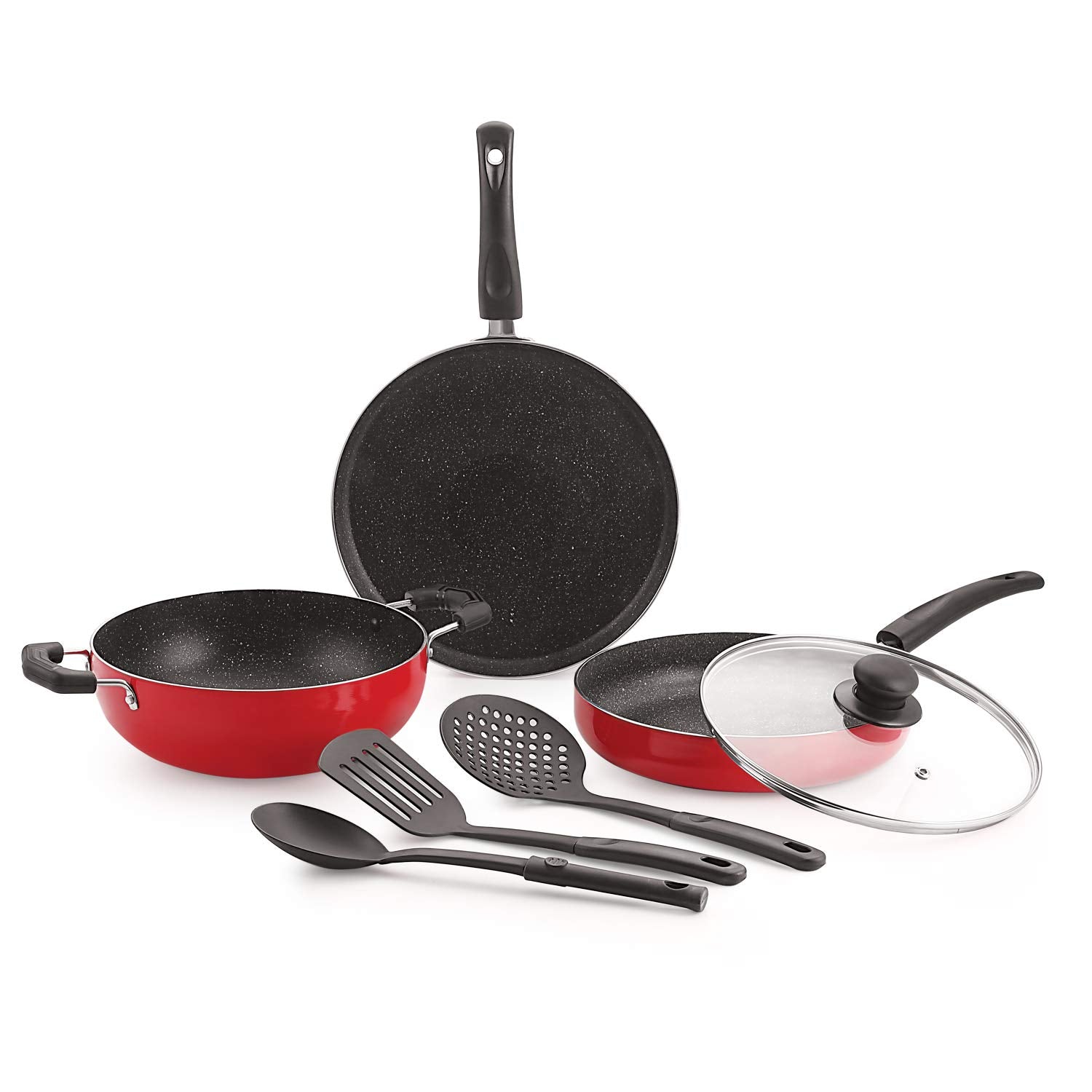 Nirlon Kitchen Accessories For Cooking Non Stick Aluminium 7 Pieces Rubey Cookware Set