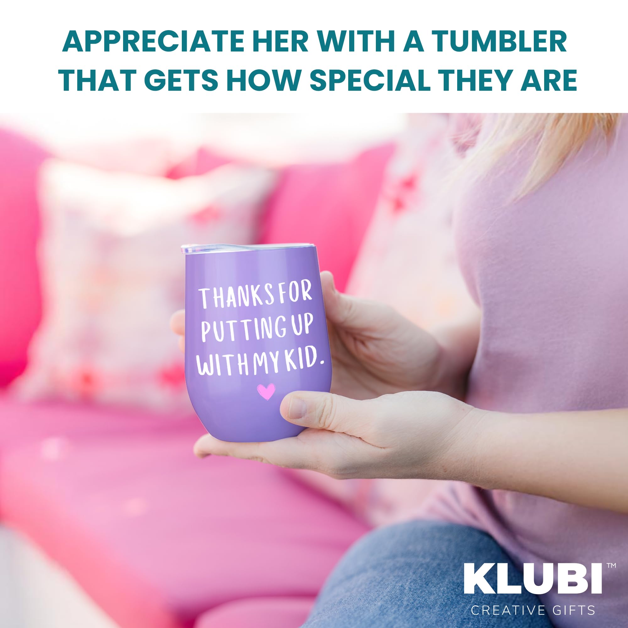 KLUBI Daycare Provider Gifts - Thanks For Putting Up With My Kid Tumbler 12oz Purple Coffee Mug Daycare Teacher Gifts for Teache