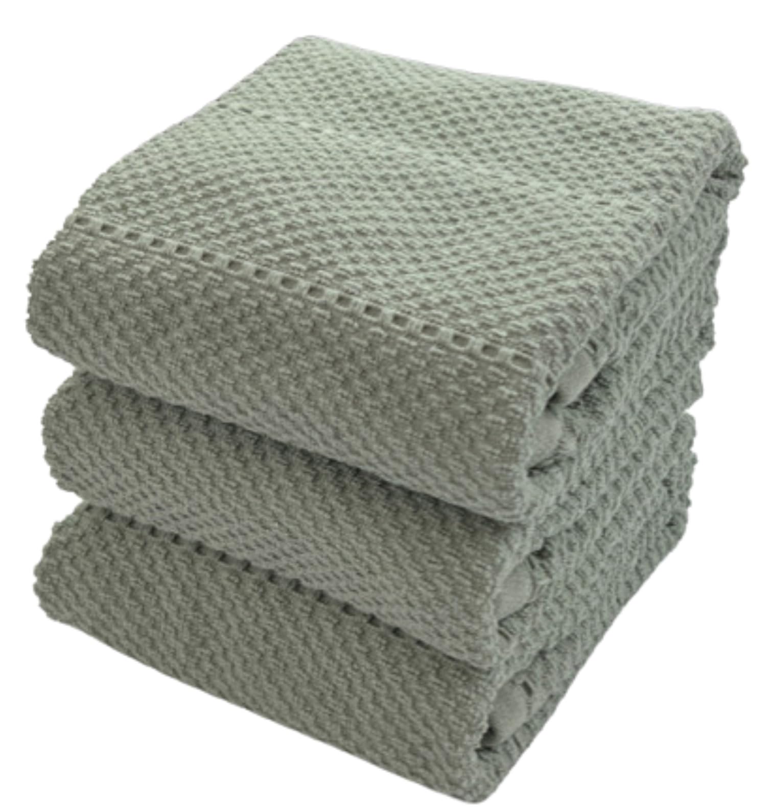 Sage Green Kitchen Dish Towels: 100% Cotton Cloth Soft Cleaning Drying Absorbent Textured Terry Loop, Set Of 3 Multipurpose For