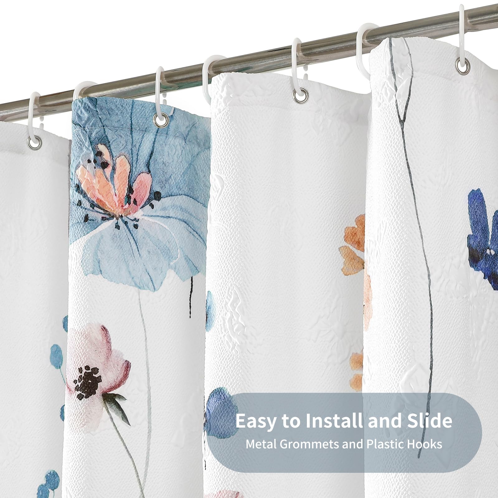 Qiyi Watercolor Floral Shower Curtain, 3D Embossed Butterflies Blue Beige Flower Bathroom Curtain, Minimalist White Cloth Bath C