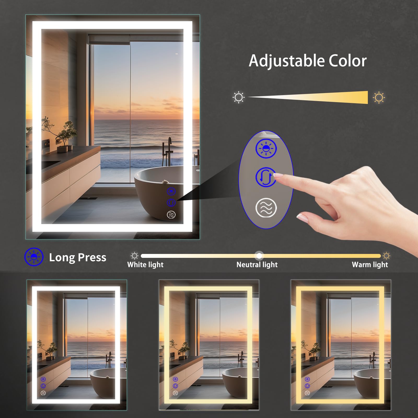 Led Bathroom Mirror, 32X24 Inch Fronlit Bathroom Vanity Mirror With Lights, Stepless Dimmable Wall Mirror, 3 Colors Lighting, An