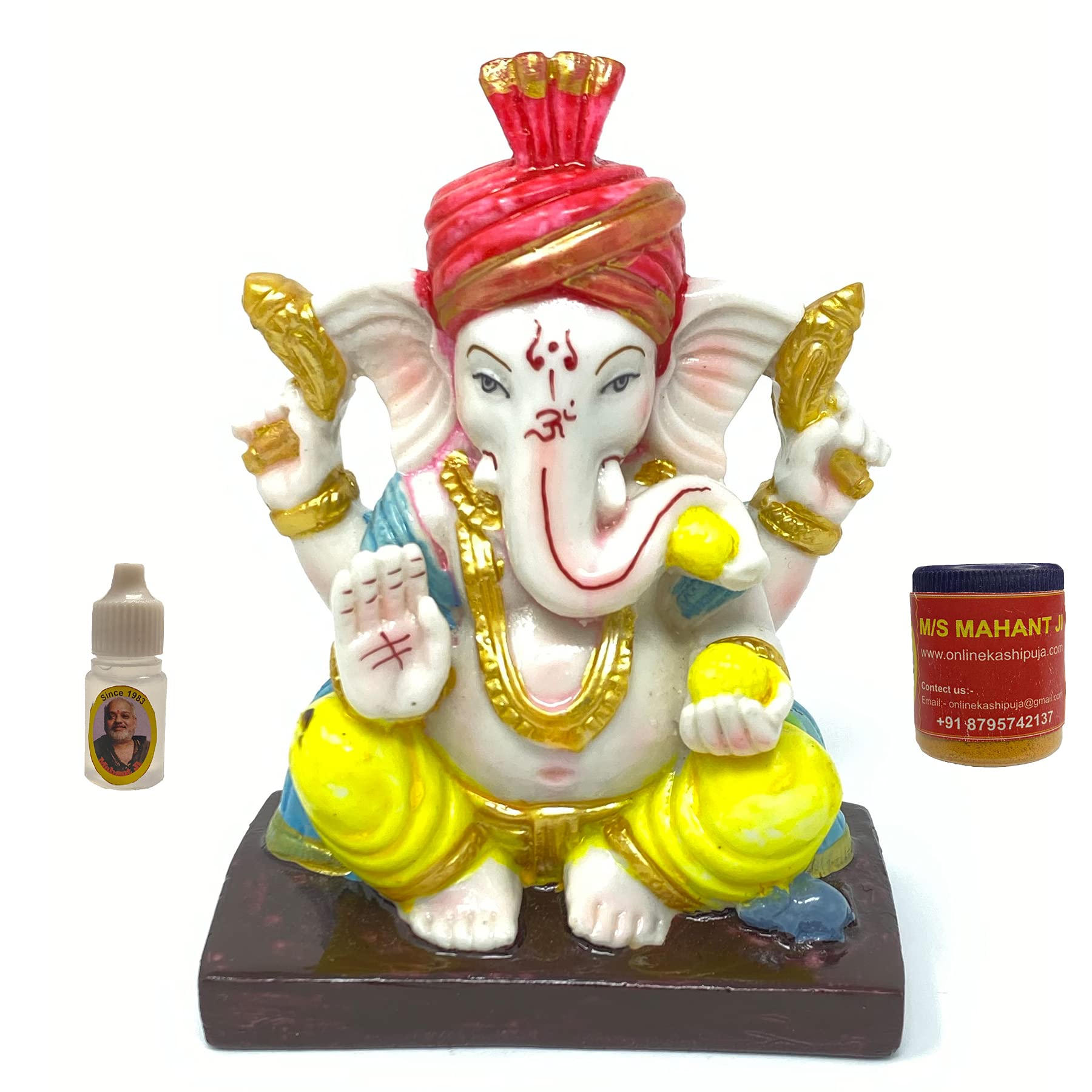 Mahant Ji Pure Siddha Polystone Marble Ganesha Idol Or Ganesh Ji Ki Murti Left Side Trunk With Gangajal And Chandan From Kashi (