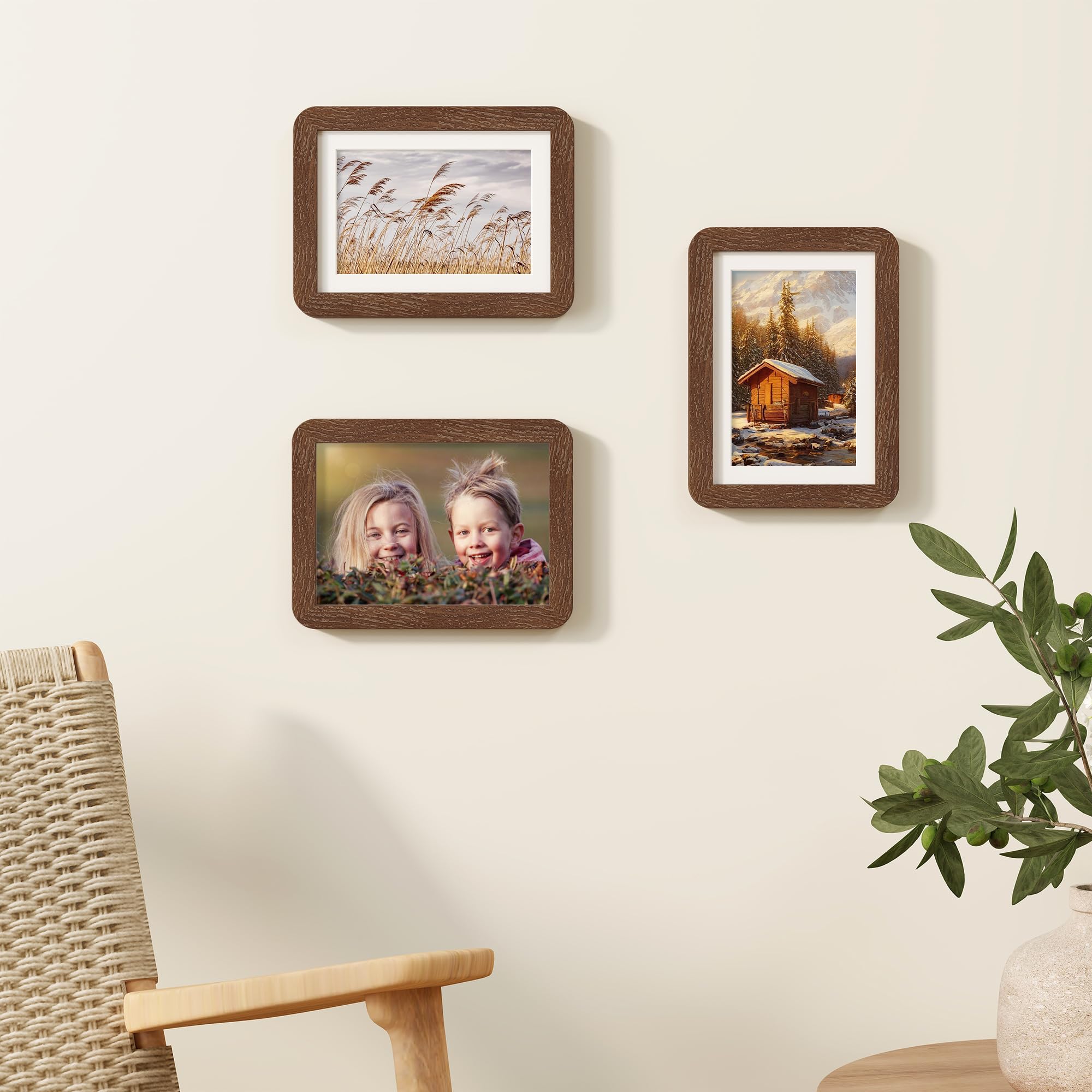 5x7 Picture Frames Set of 3, 5 by 7 Photo Frames for Wall & Tabletop Display, Solid Oak Wood Frames with Plexiglass, 5x7 Frame M