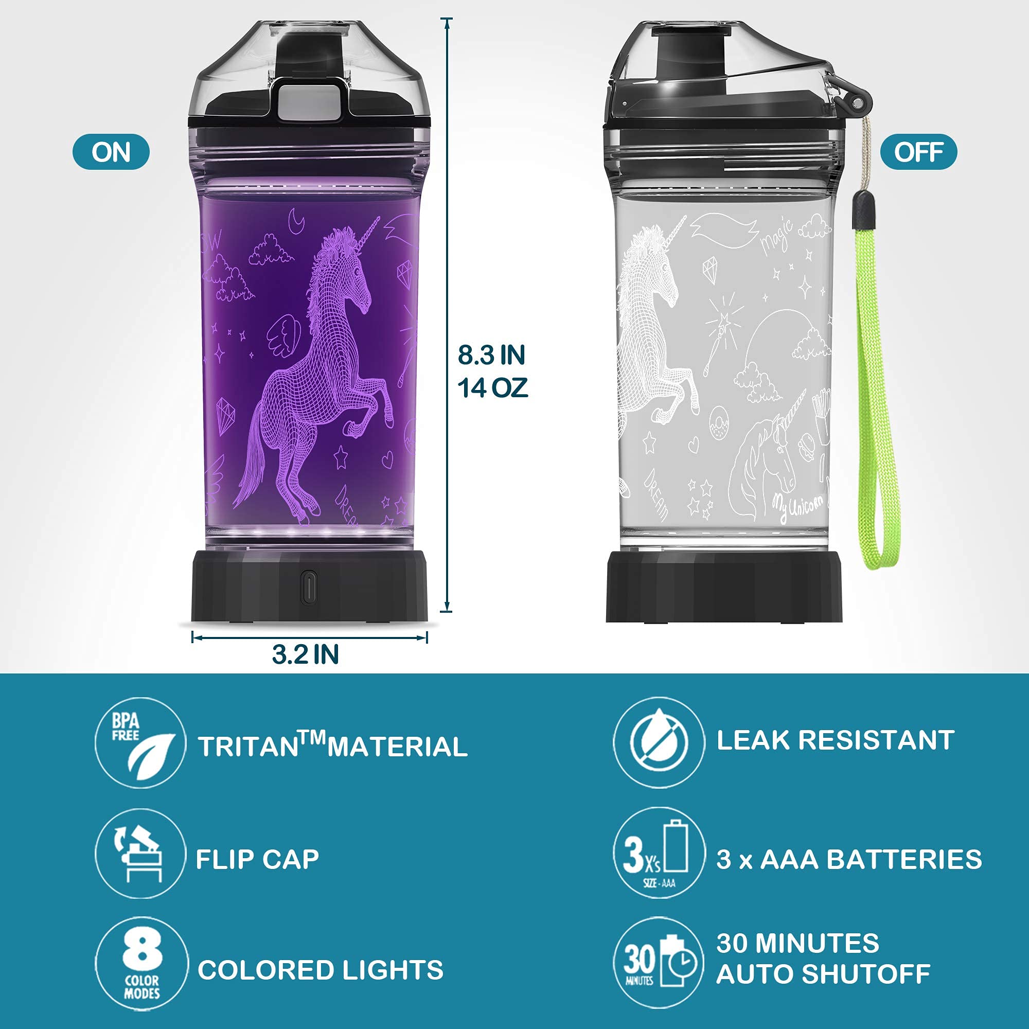 YuanDian Light Up Kids Water Bottle with 3D LED Light- 14 OZ Tritan BPA Free - 7 Color Light Cool Drinking Cups Gift for School