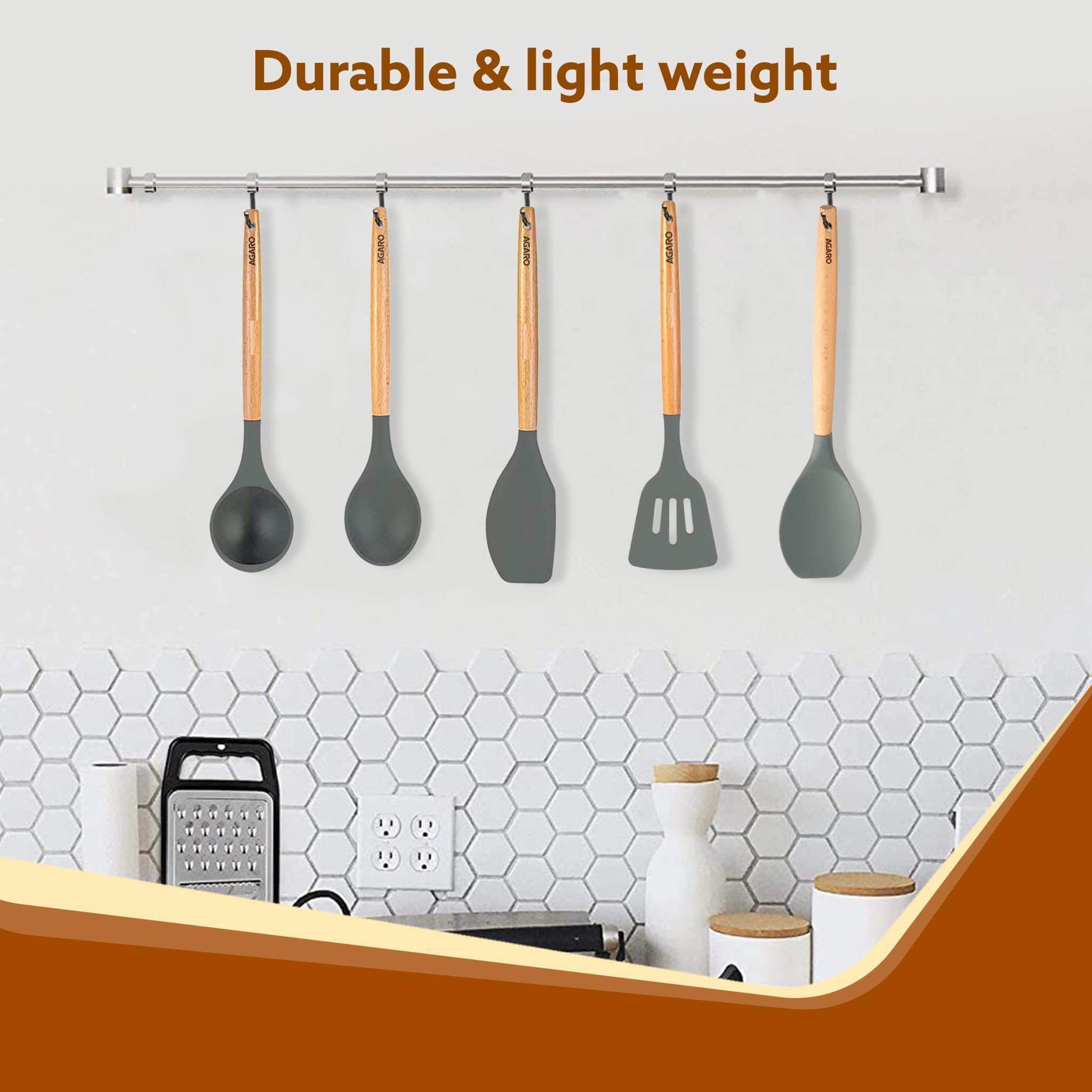 AGARO Royal Silicone Spatula Set of 5, Cooking and Mixing, for Non-Stick Cookware, BPA Free, Seamless Design, Grey