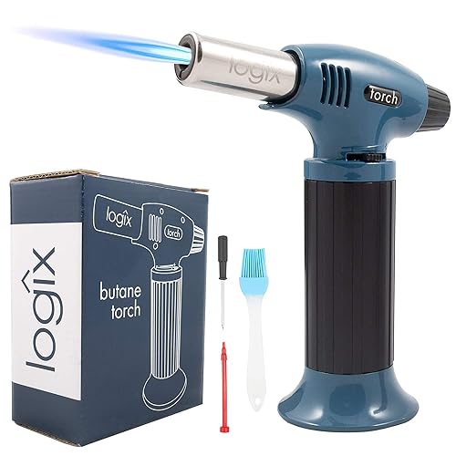 Logix 20910 Butane Torch, Cooking Torch, Torch For Creme Brulee, Refillable, 9.6 Oz, Blue Steel