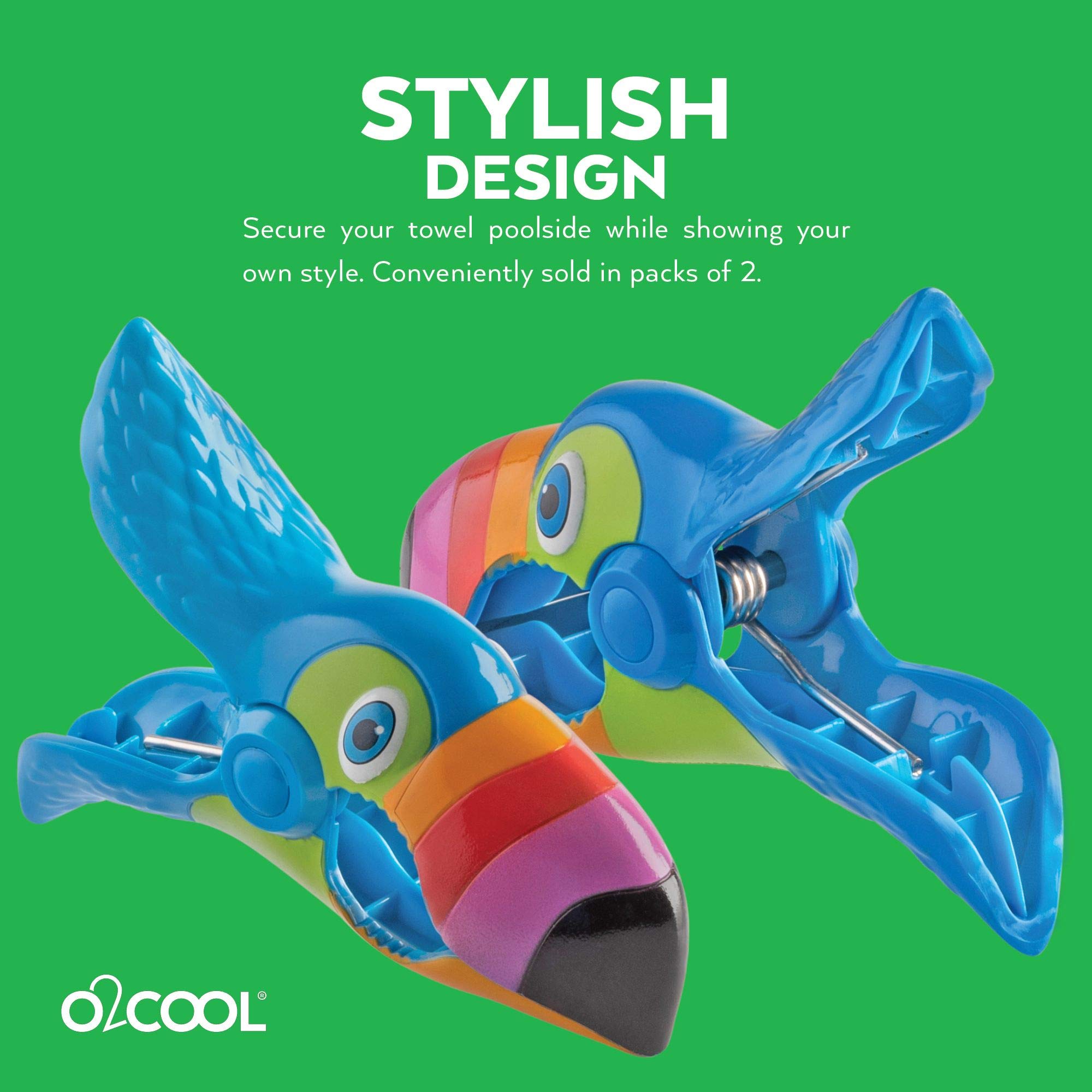 O2Cool Bocaclips - Beach Towel Clips For Beach Chairs, Patio And Pool Accessories Clothes Pins Or Bag Clips - (Toucan) 4 Clips