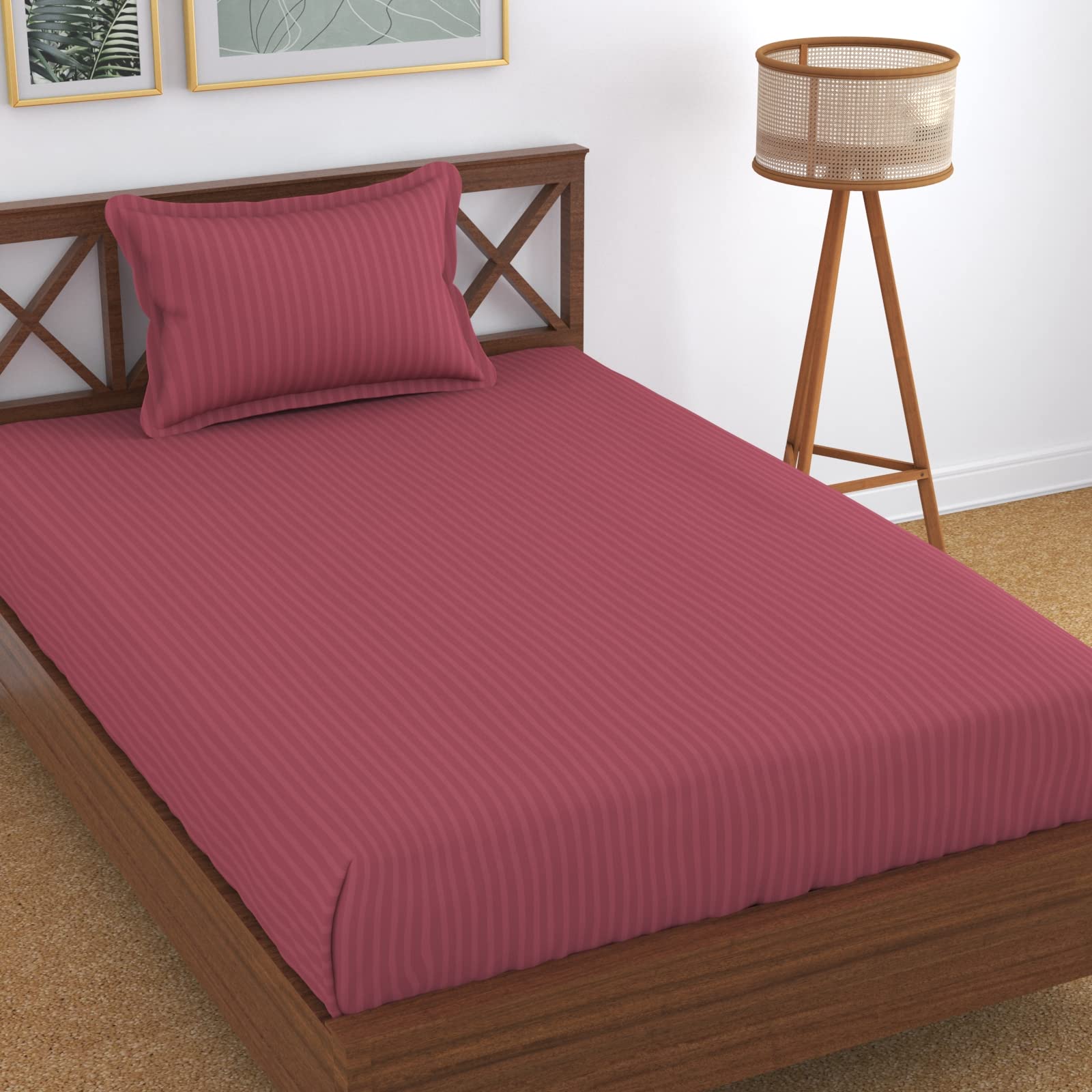 Homefab India 160 Tc Stripe Glace Cotton Single Bedsheet With 1 Pillow Cover - Pink