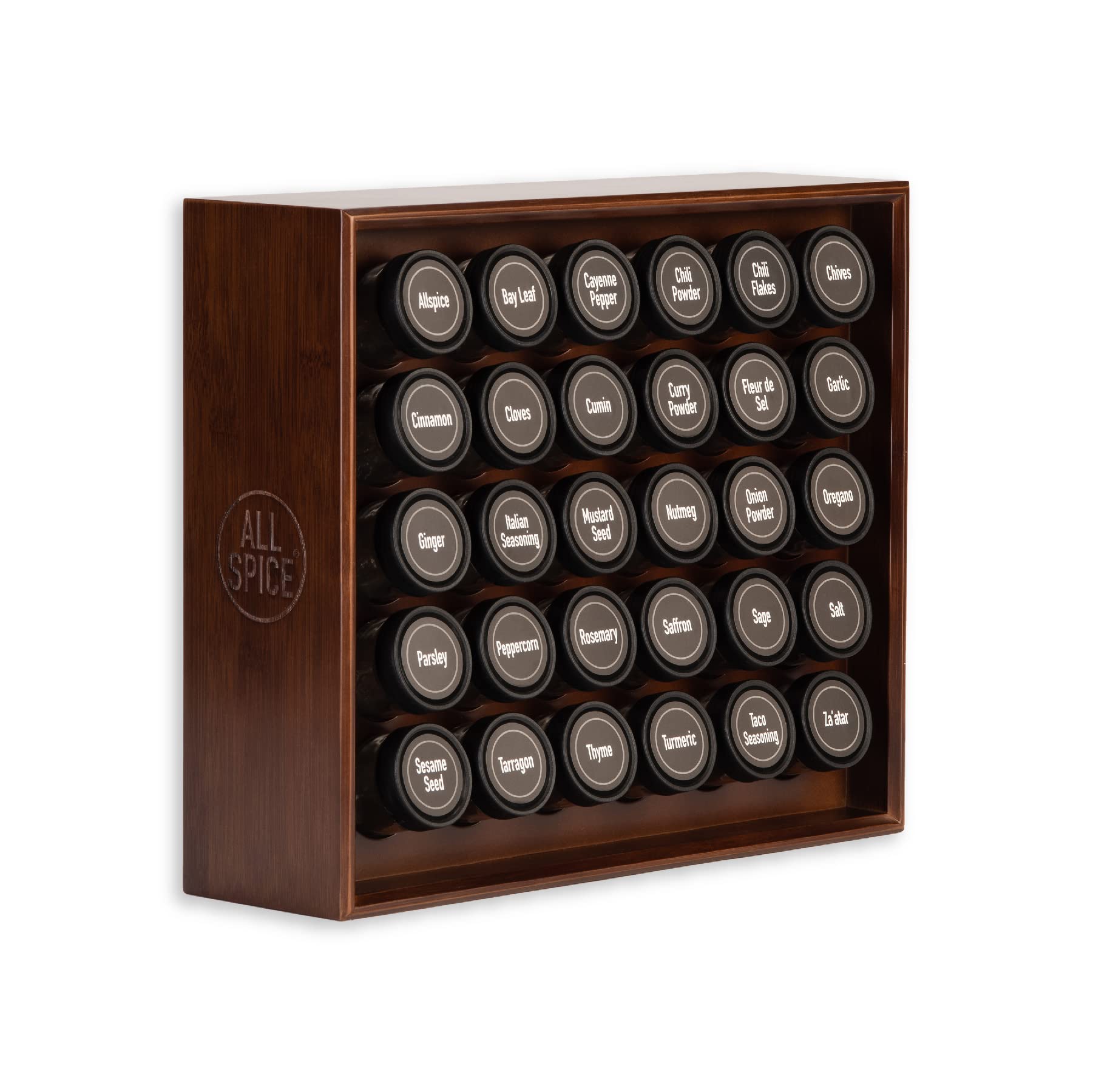 AllSpice Wood Spice Rack, Includes 30 4oz Jars- Walnut Stain