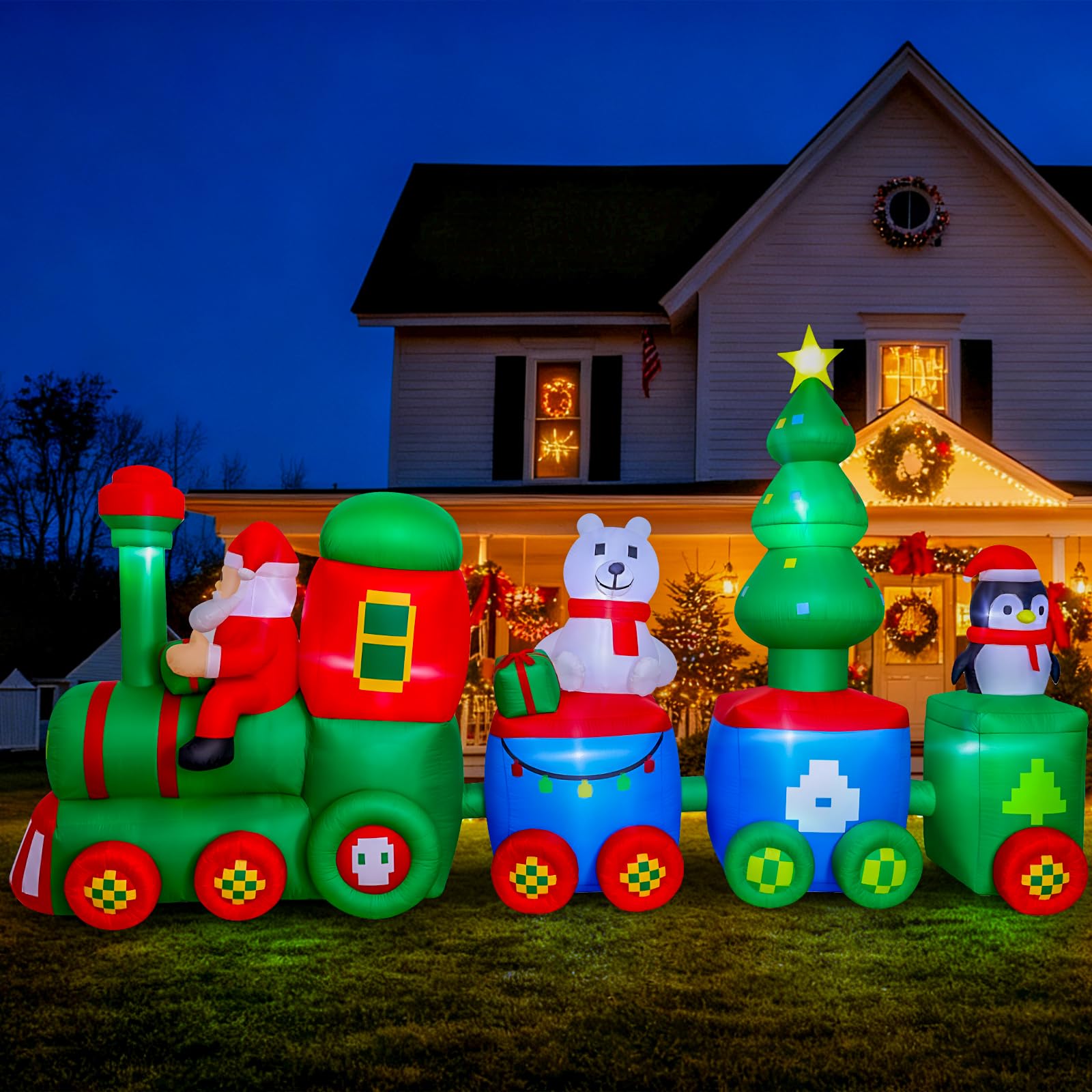 MGparty 14FT Christmas Inflatables Train with Santa Claus Bear Penguin Christmas Tress Built-in LED Lights Blow Up for Party Hol