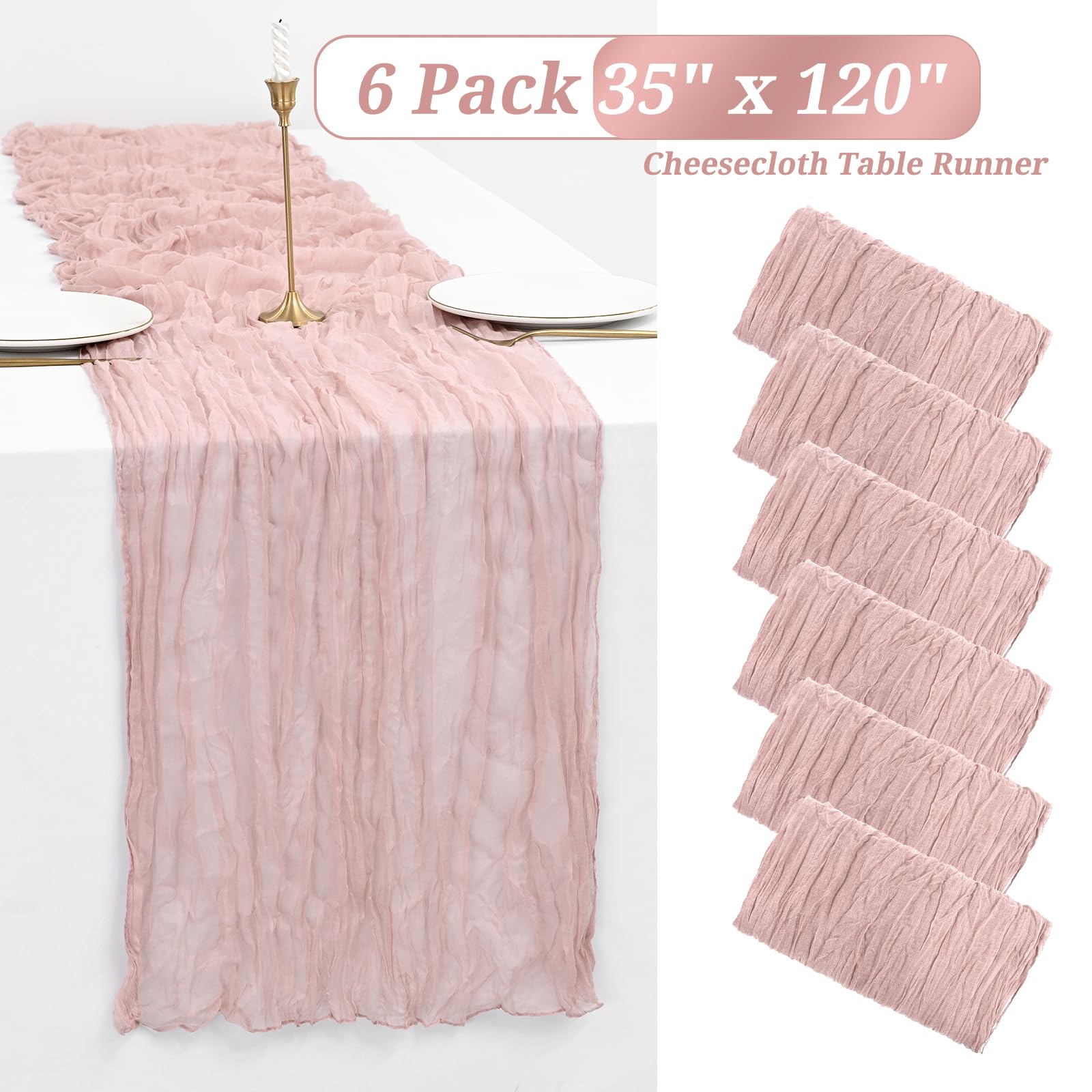 6 Pack Dusty Pink Cheesecloth Table Runner Gauze Table Runner 10Ft Long Semi-Sheer Table Runner Boho Or Rustic Wedding Table Dec