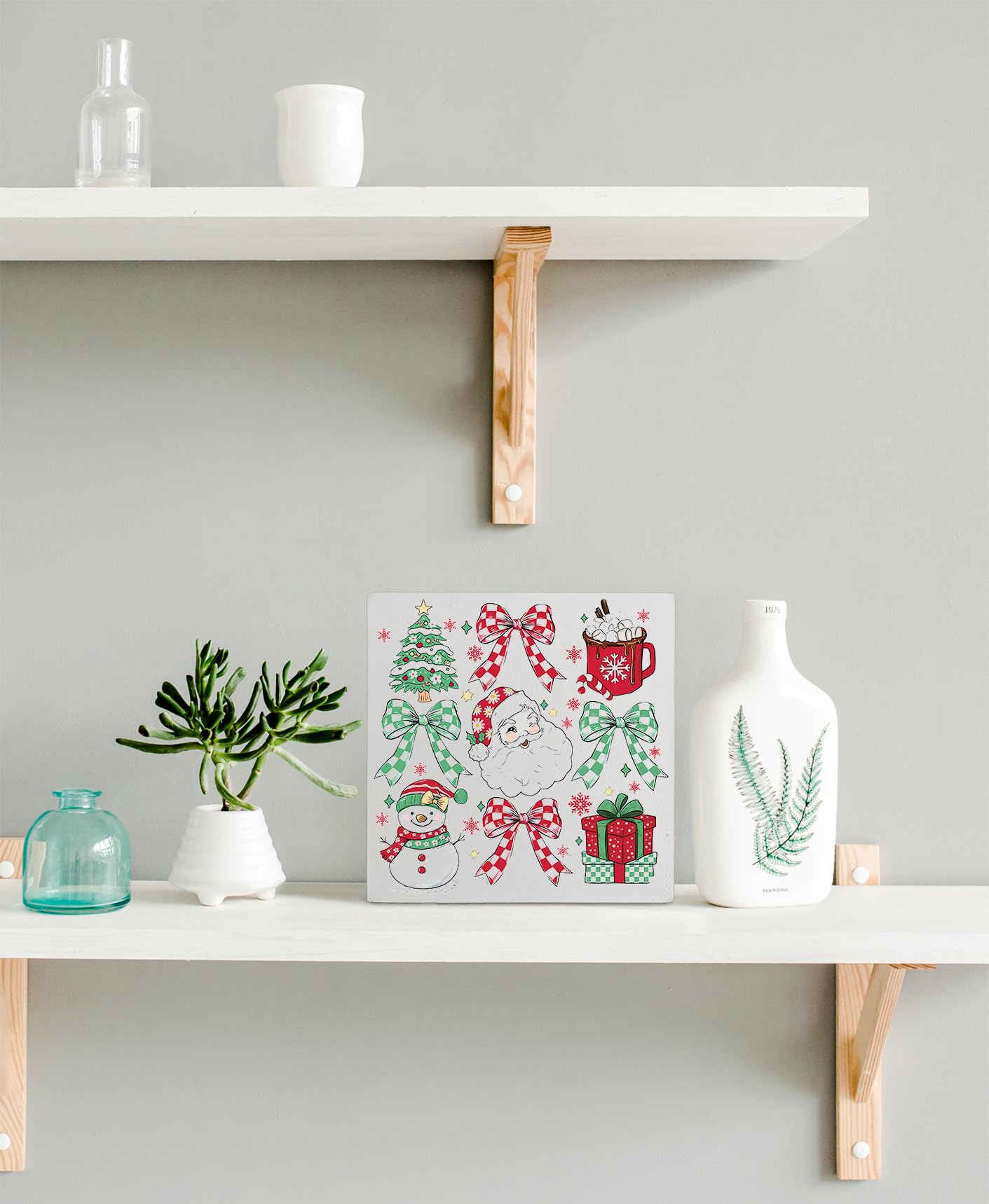 kunlisa Coquette Red and Green Bow Christmas Wooden Sign, Coquette Preppy Christmas Decor, Girly Xmas Tree Santa Snowman Wood Bo