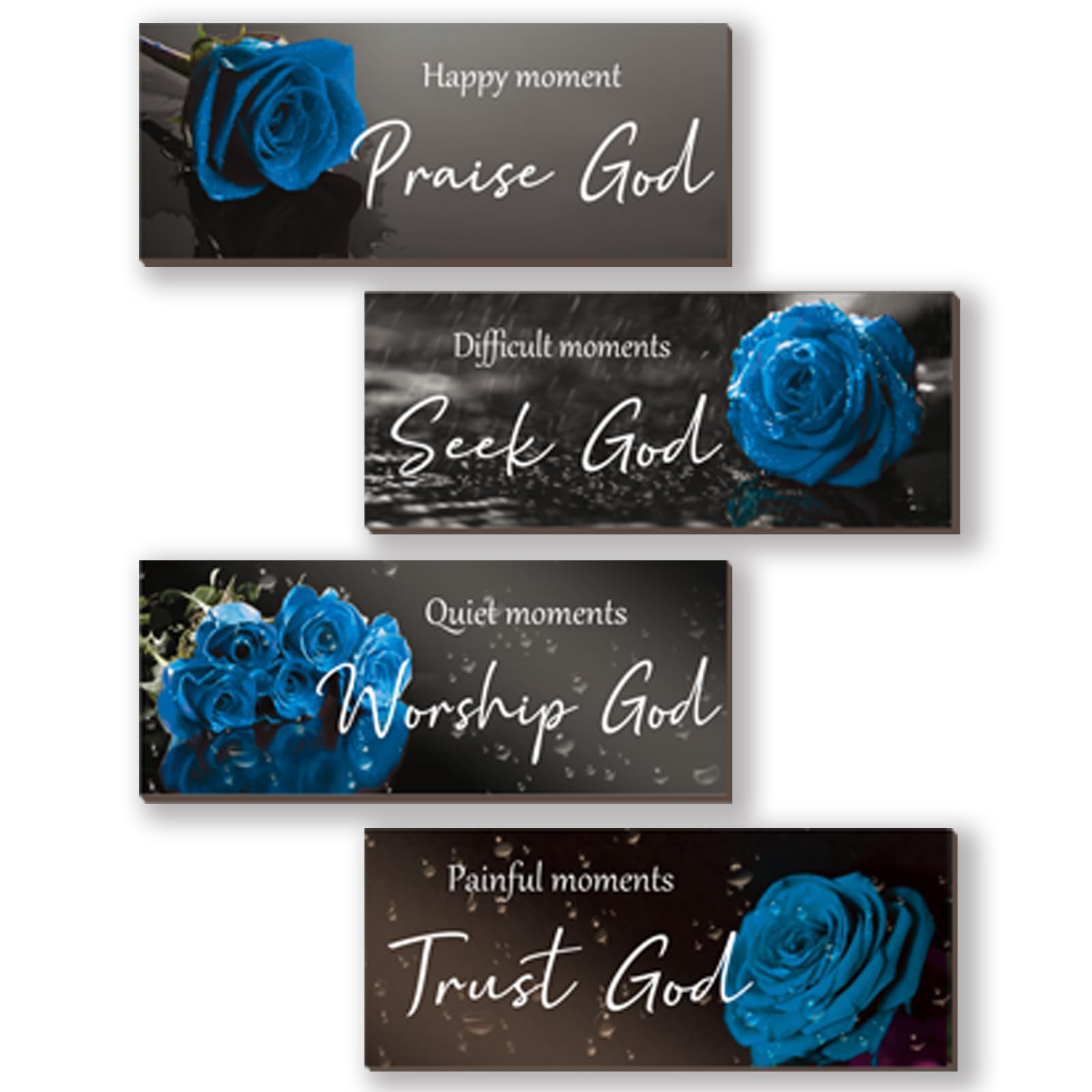 ONIZHITY 4 Pcs Blue Bathroom Decor Religious Wall Art Bible Verse Inspirational Navy Blue Rose Wall Decor Rustic Wooden Christia