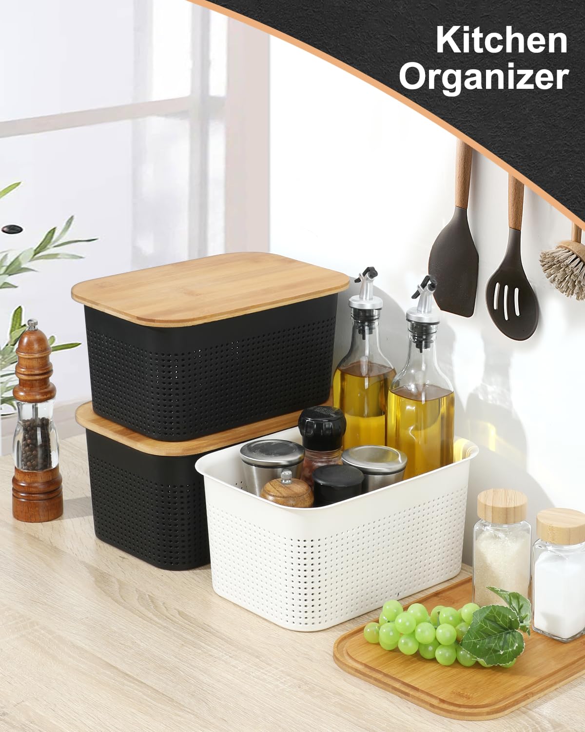 Areyzin Plastic Storage Bins With Bamboo Lids And Stackable Storage Baskets For Shelves - Organize Your Home Or Office With Thes