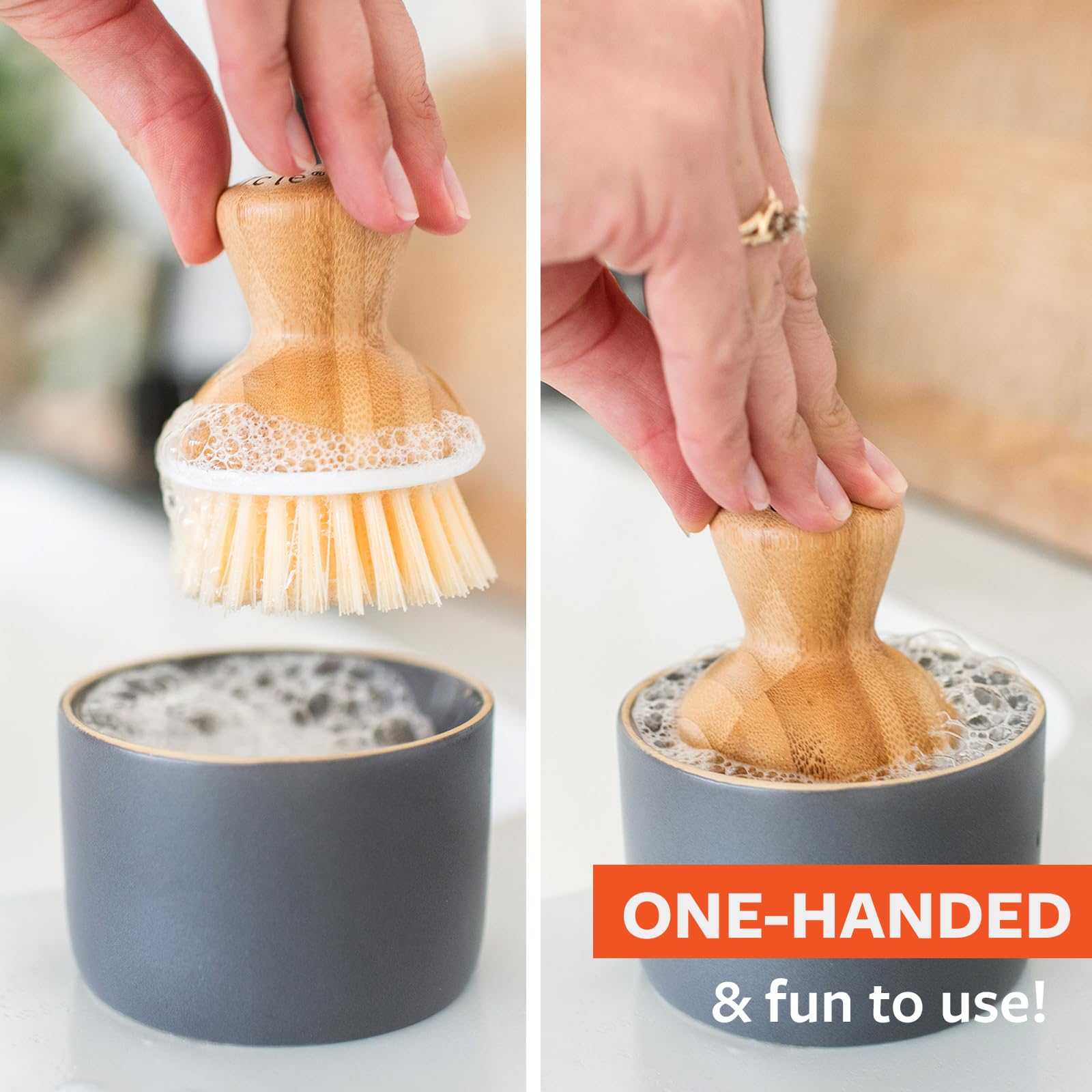 Full Circle Bubble Up Ceramic Soap Dispenser & Bamboo Gray Ergonomic Bamboo Handle  Dish Brush + Dispenser  Grey/White
