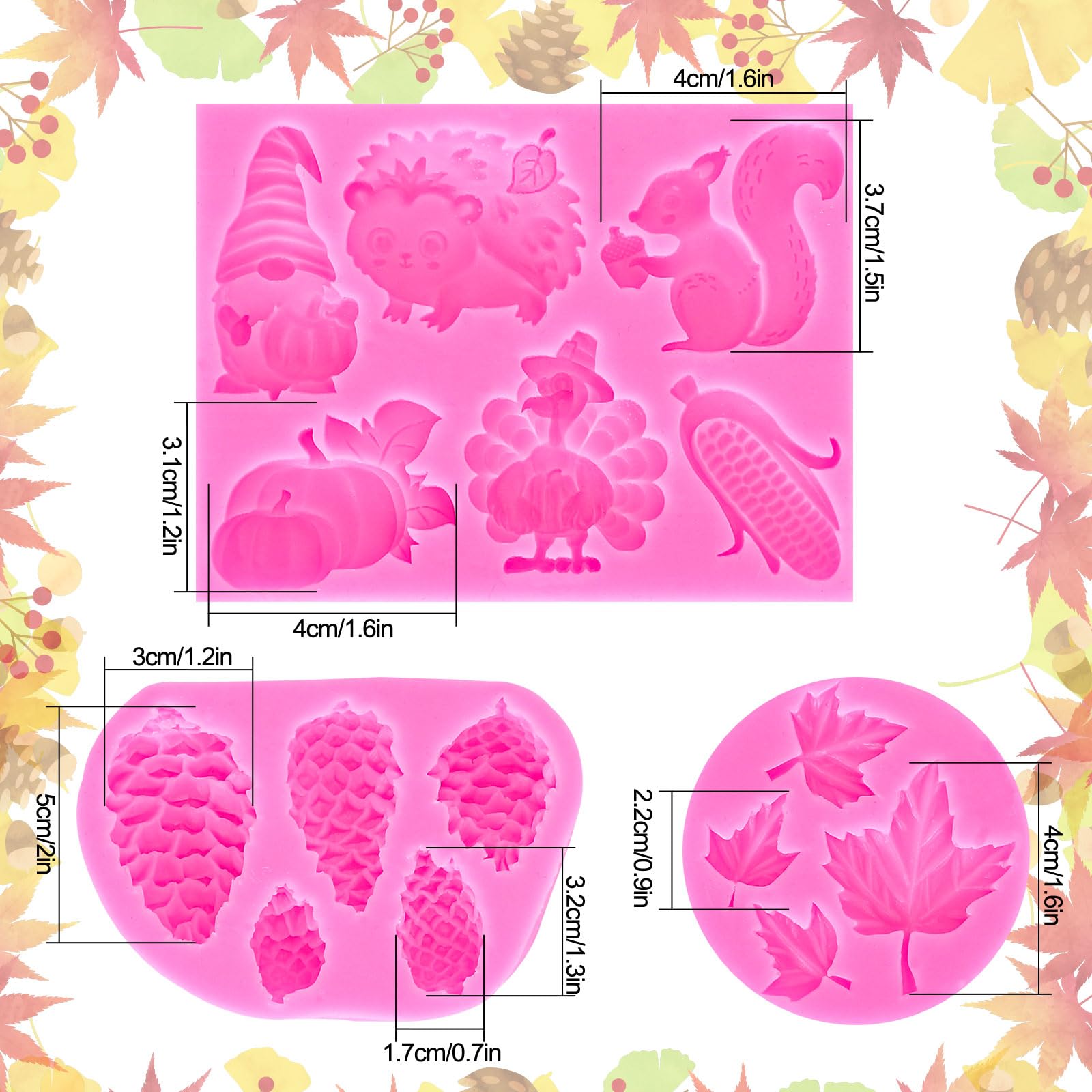 Whaline 3Pcs Fall Animals Fondant Molds Hedgehog Squirrel Turkey 3D Silicone Moulds Maple Leaf Pine Cone Pattern Resin Molds Aut