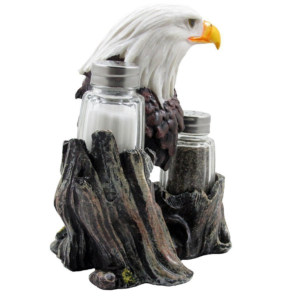 Bald Eagle Glass Salt & Pepper Shakers With Decorative Figurine Display Stand Set For American Patriotic Bar And Kitchen Decor S