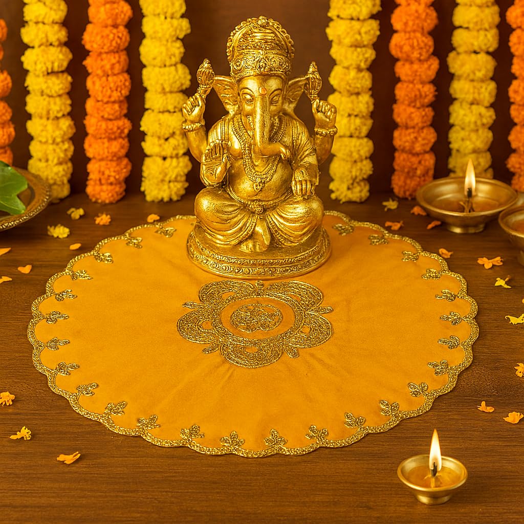 Shoppersduniya Yellow Velvet Designer Aasan Pooja Cloth Mat Mandir Temple Home Office Base Chowki 46cm