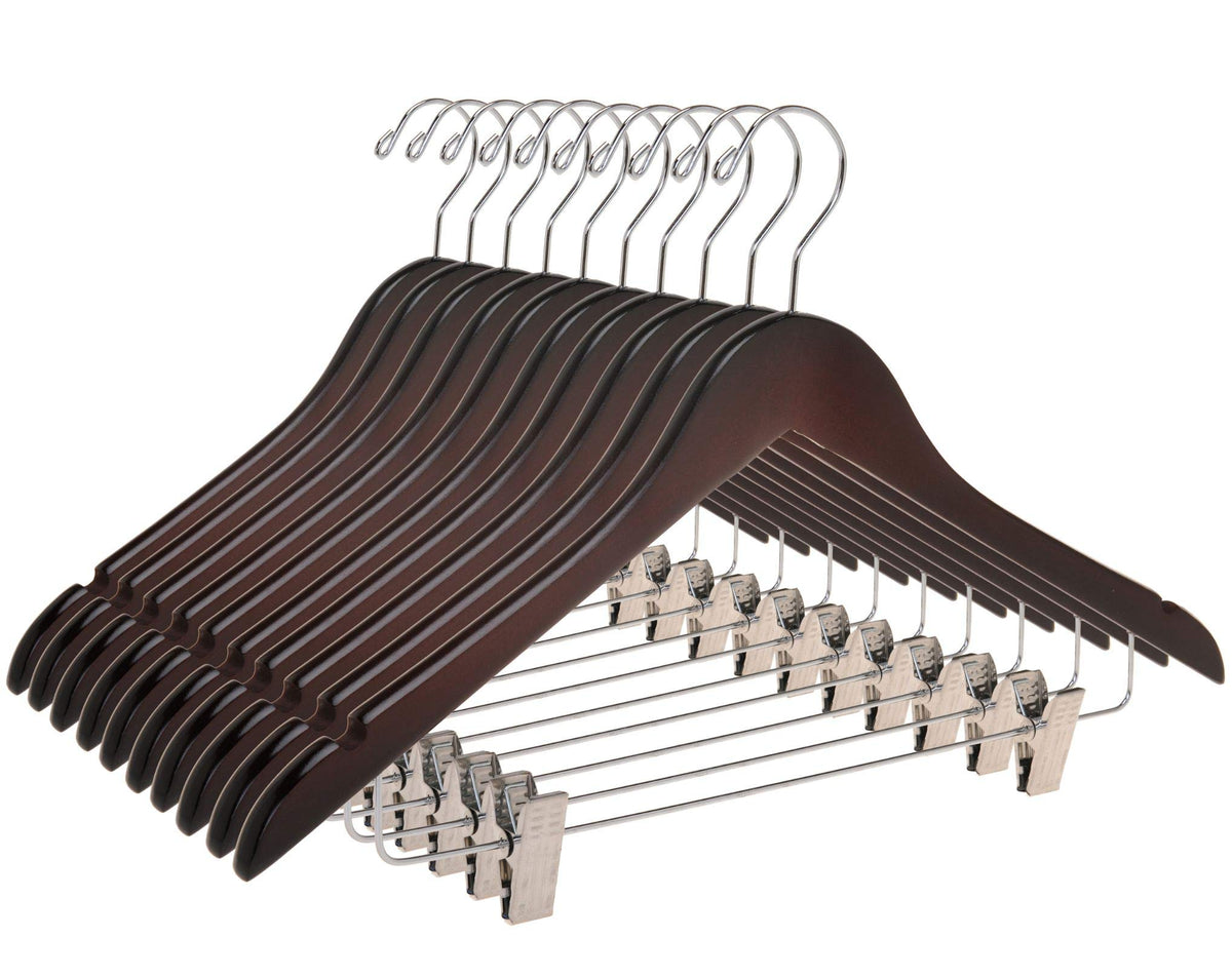 Quality Wooden Skirt Hangers With Clips Smooth Solid Wood Pants Hangers With Durable Adjustable Metal Clips, Swivel Hook, Coat,