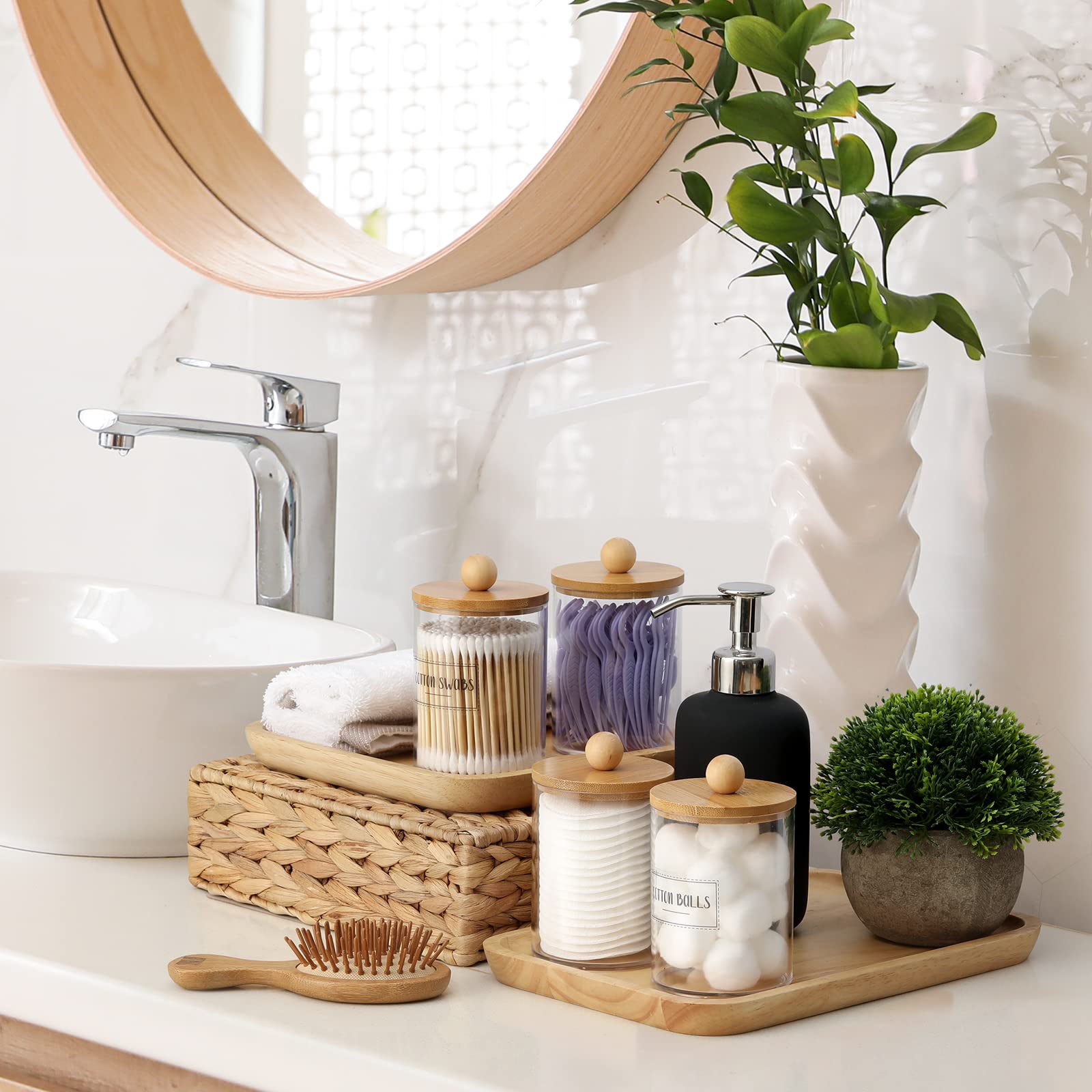 6-Pack Bamboo Qtip Holders - Bathroom Storage For Cotton Balls, Swabs, Pads, Floss