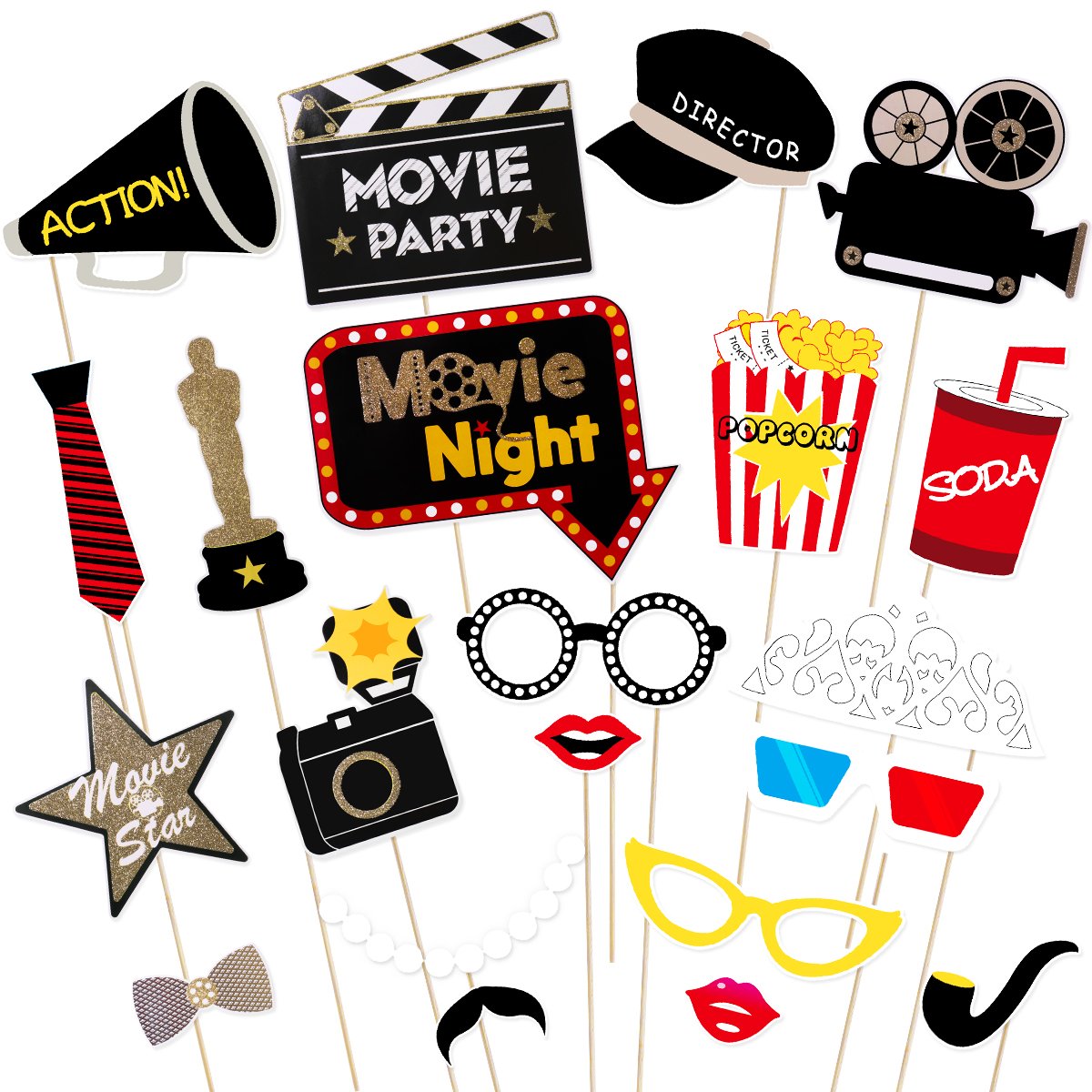 Bestoyard Movie Night Party Photo Booth Props Kit - Movie Star Movie Night Party Supplies Decorations,Pack Of 21