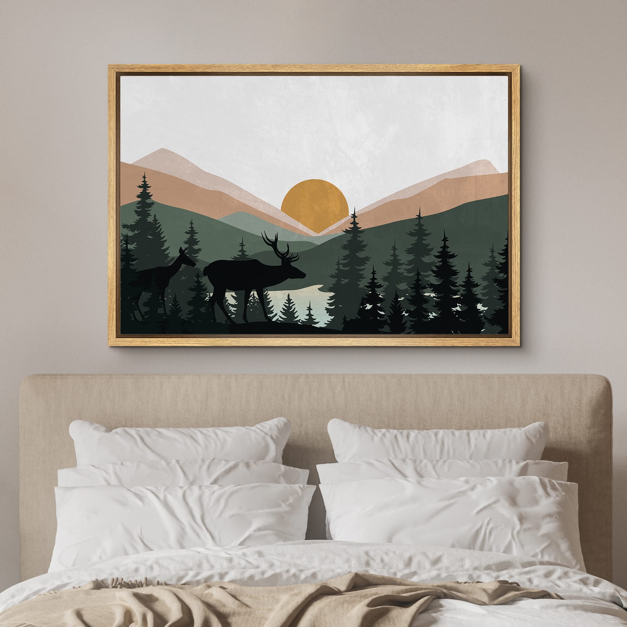 Signford Framed Canvas Print Wall Art Woodland Nursery Decor Sunlight Mountain Pine Forest Lake Nature Wilderness Art Decorative