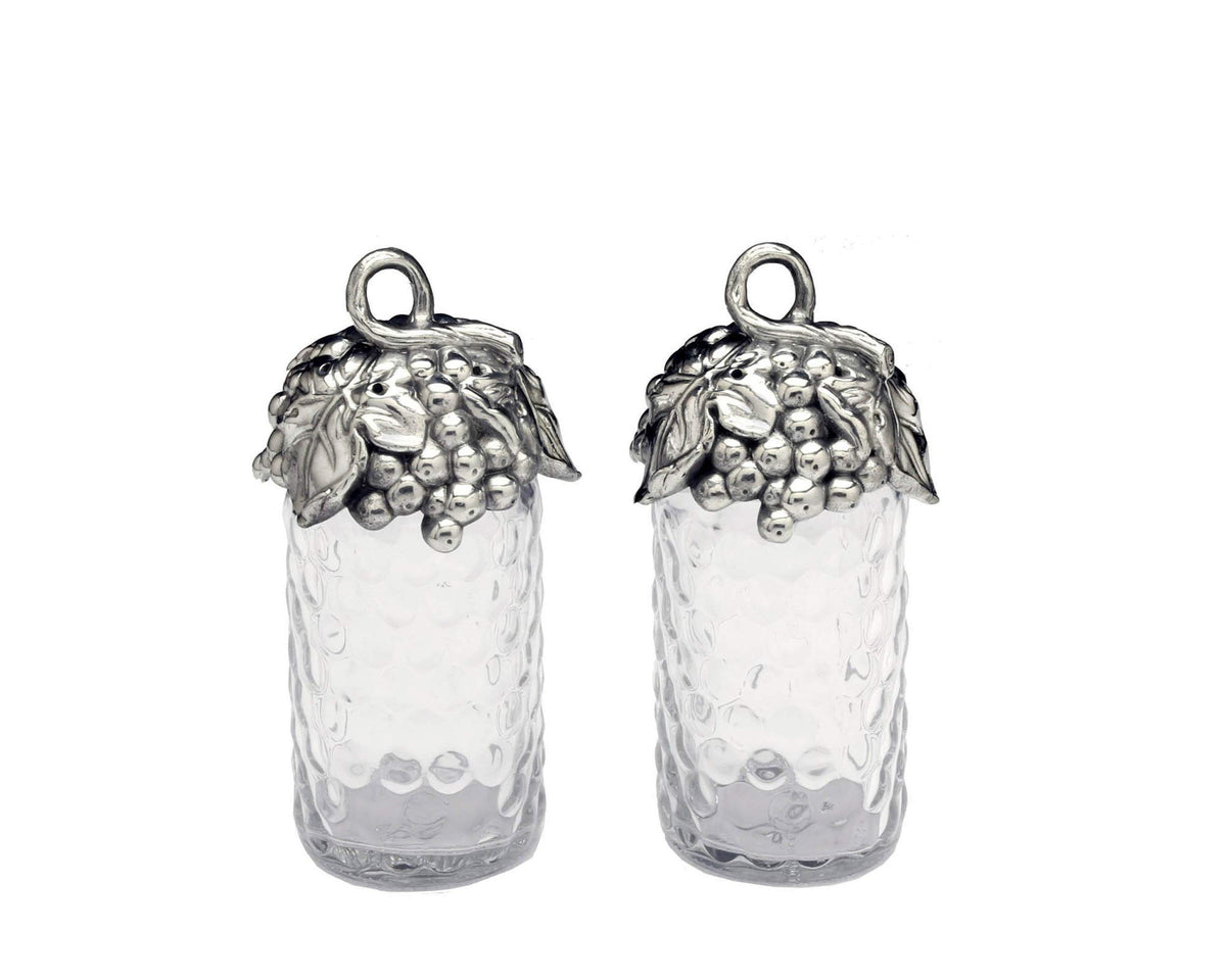 Arthur Court Grape Pattern Aluminum With Artisan Quality Hand Polished Lid For Large Glass Salt And Pepper S/P Shaker 5.75 Inch