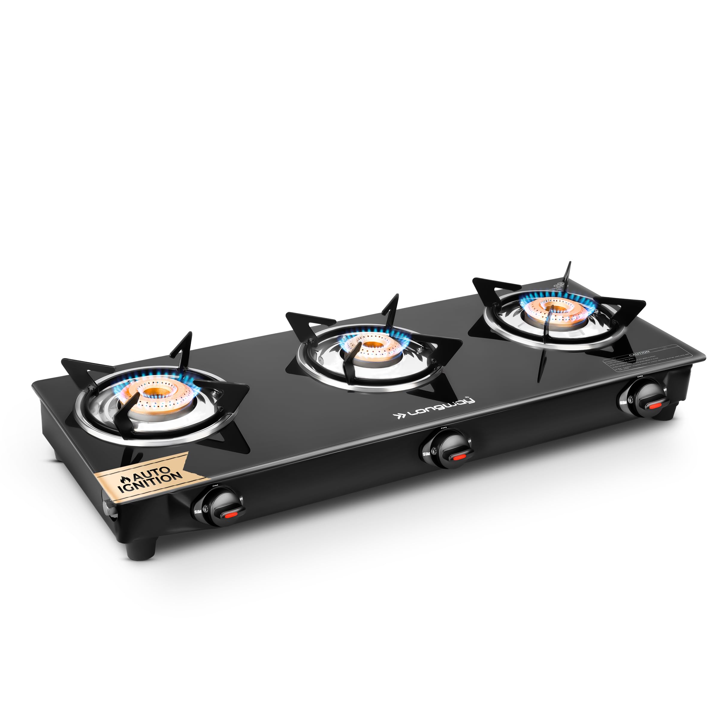 Longway Furn Glass Top | 3 Burner Auto Ignition Glass Gas Stove | Isi Certified With 2 Years Warranty (Black)