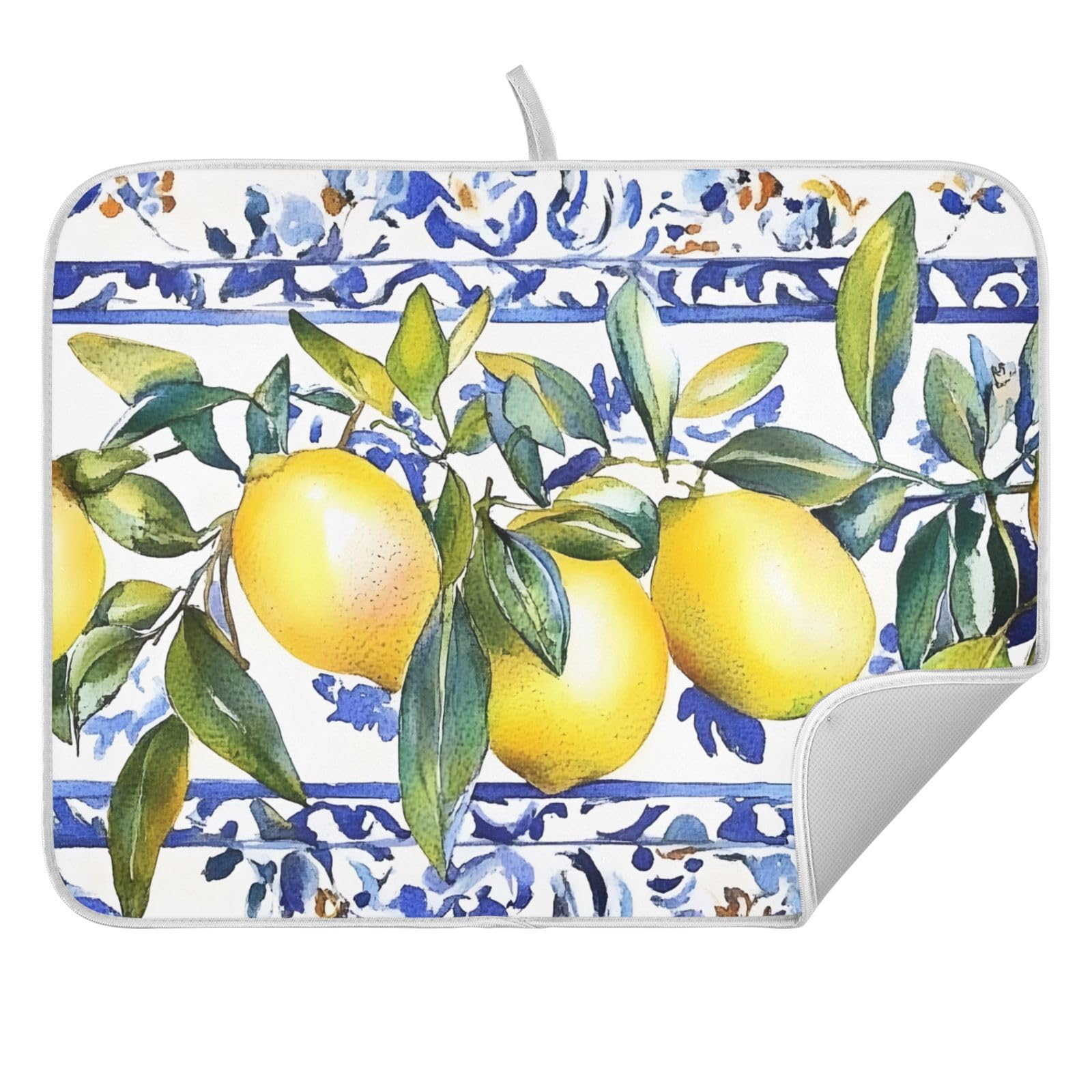 Lemon Olive Tree Italian Tile Dish Drying Mats for Kitchen Counter, 18x24 inch Drying Dishes Absorbent Microfiber Dish Drainer M